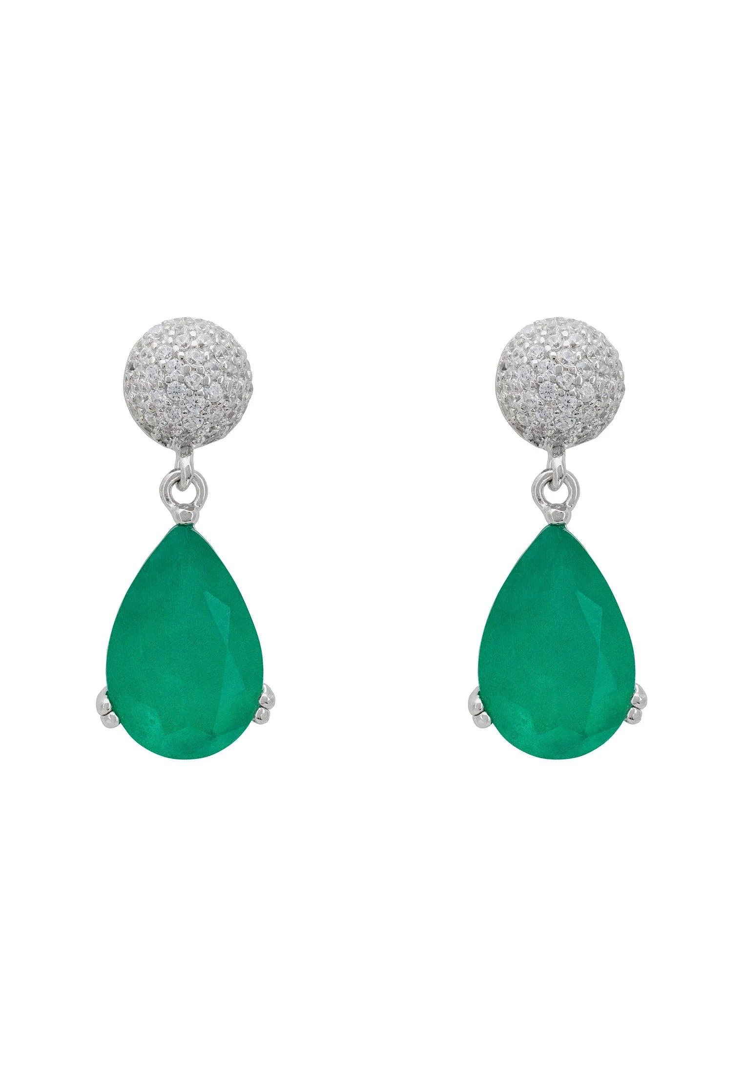 Diamond stud and teardrop emerald earrings.