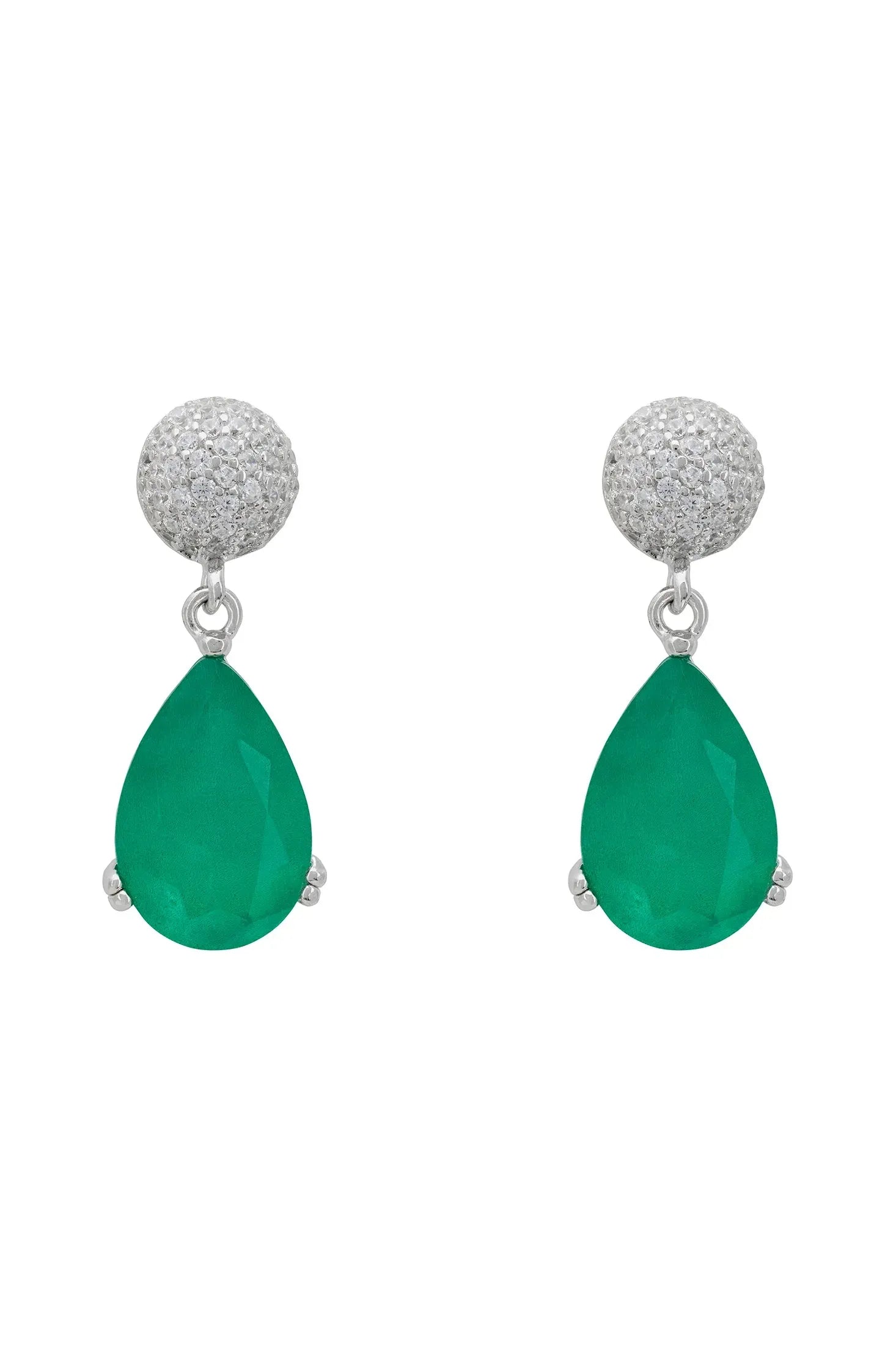 Diamond stud and teardrop emerald earrings.