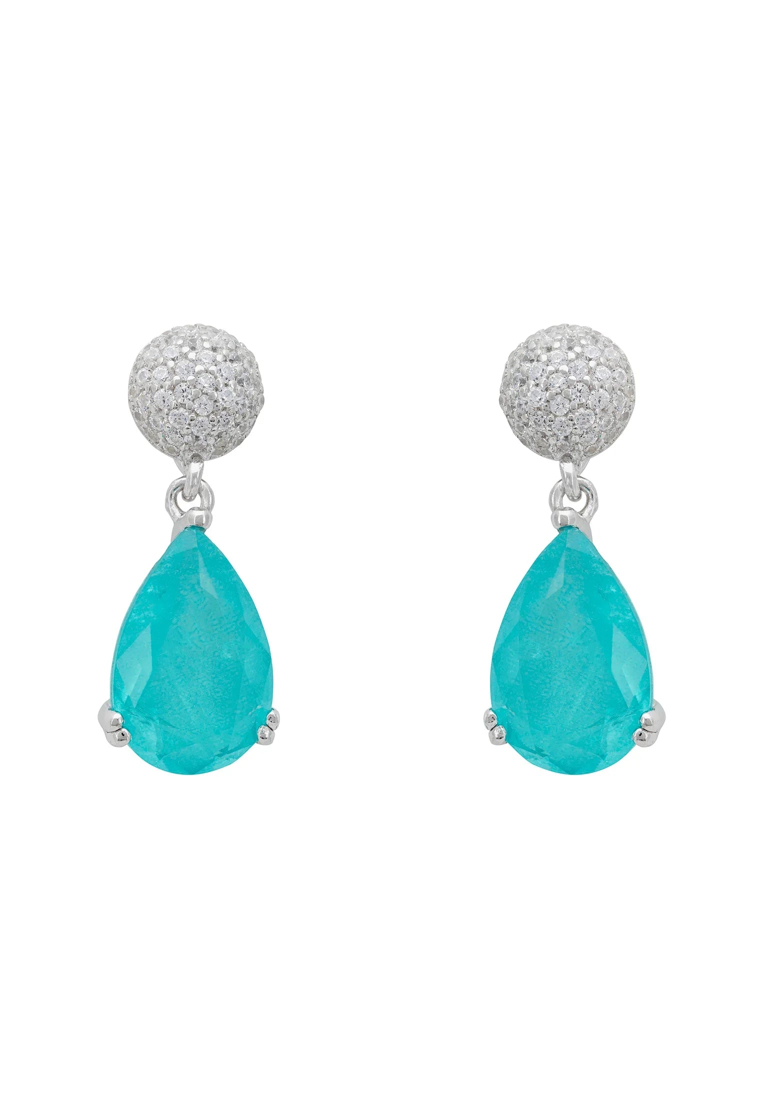 Diamond stud and teardrop aquamarine earrings.