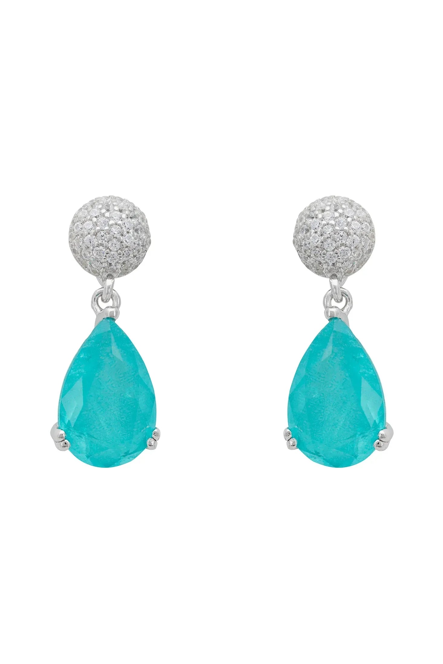 Diamond stud and teardrop aquamarine earrings.