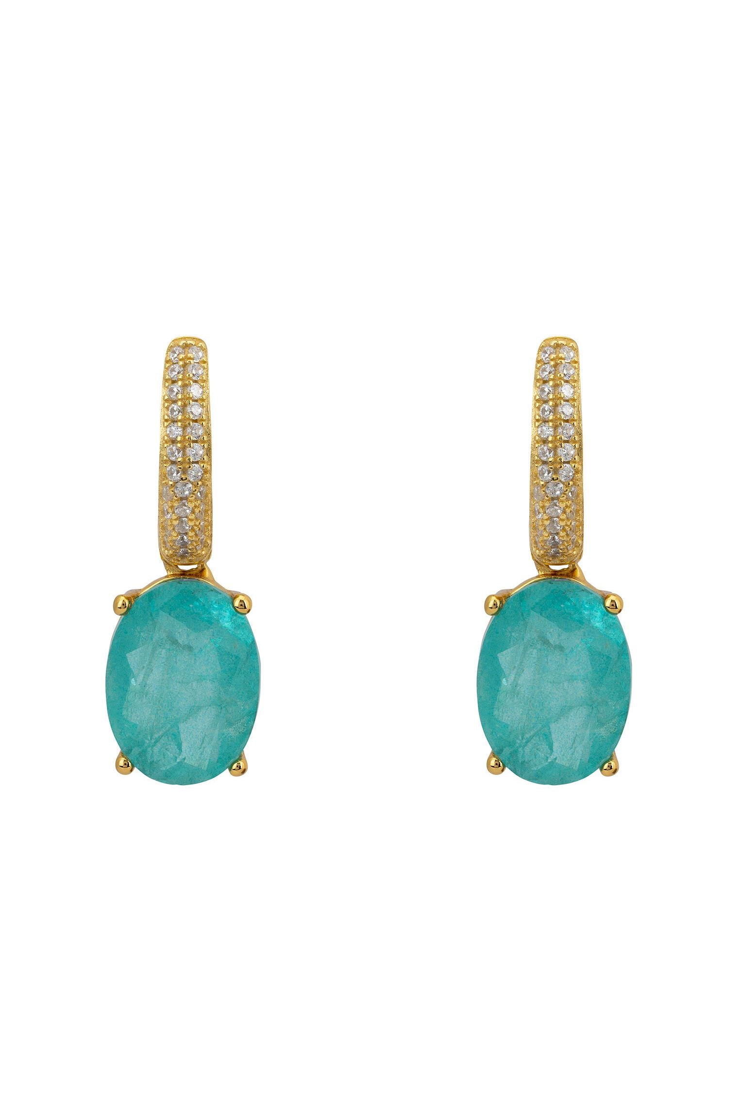 Oval teal gemstone gold earrings.