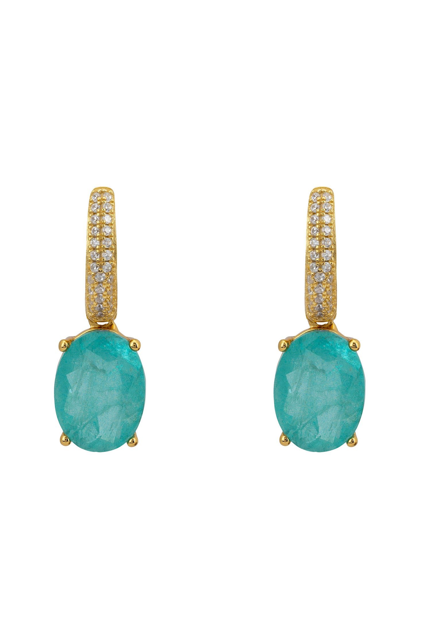Oval teal gemstone gold earrings.