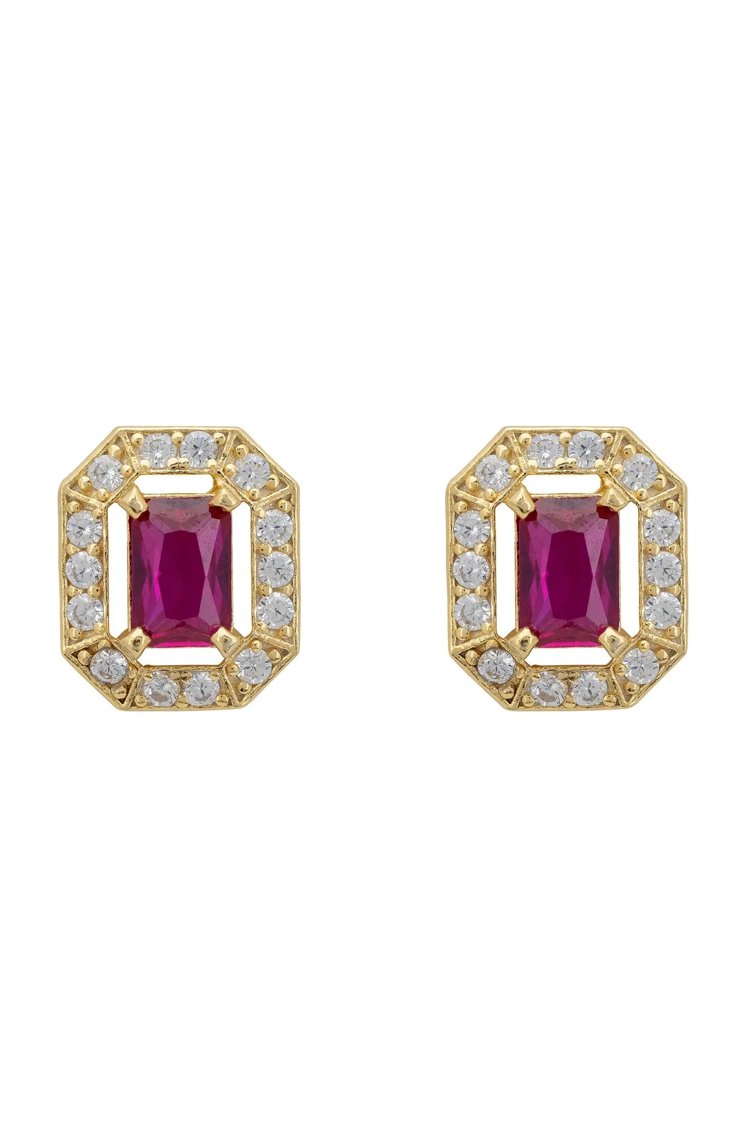Gold and diamond halo ruby stud earrings.
