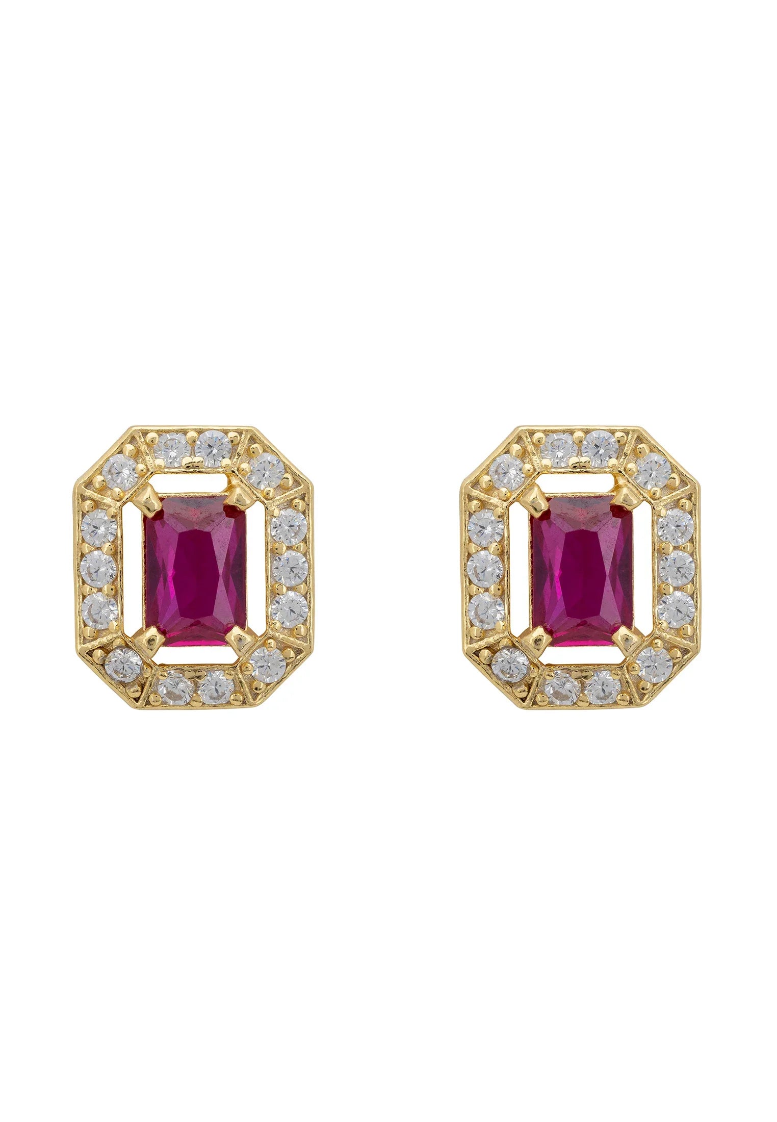 Gold and diamond halo ruby stud earrings.