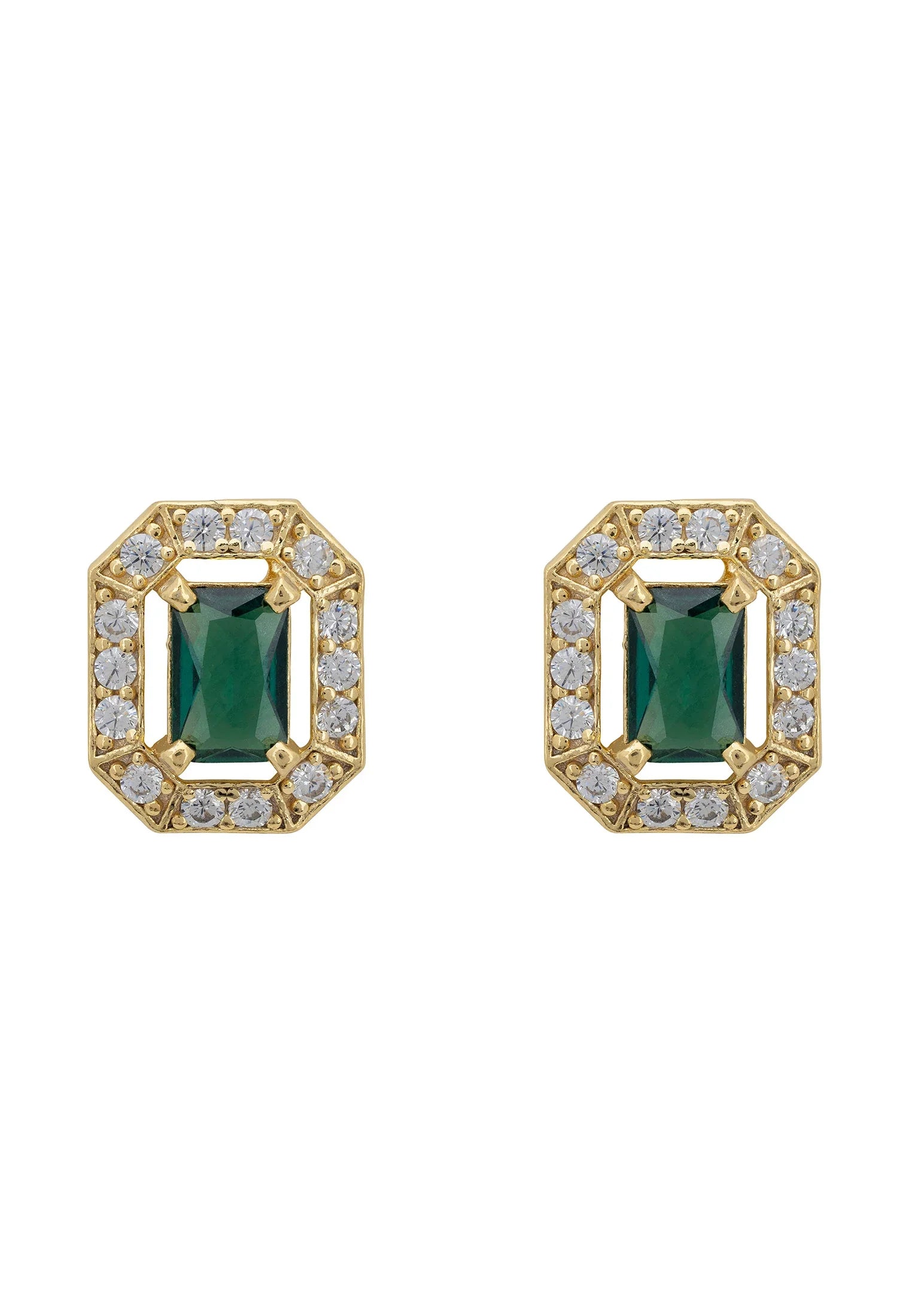 Gold and diamond halo emerald stud earrings.