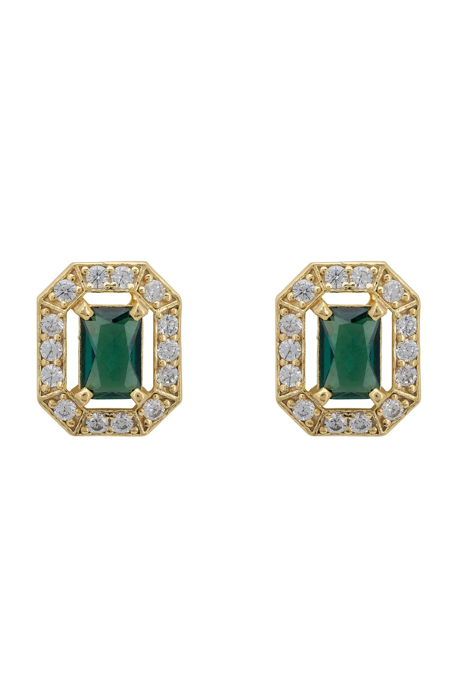 Gold and diamond halo emerald stud earrings.