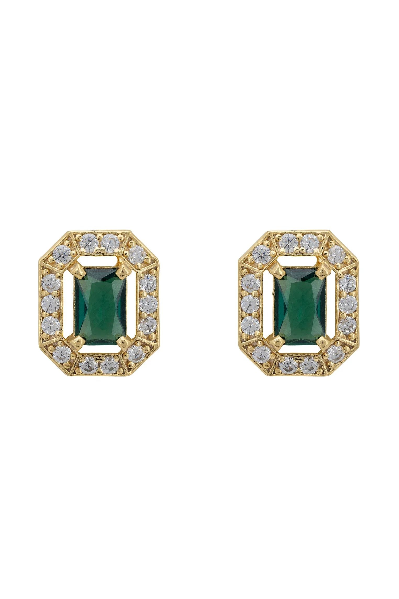 Gold and diamond halo emerald stud earrings.