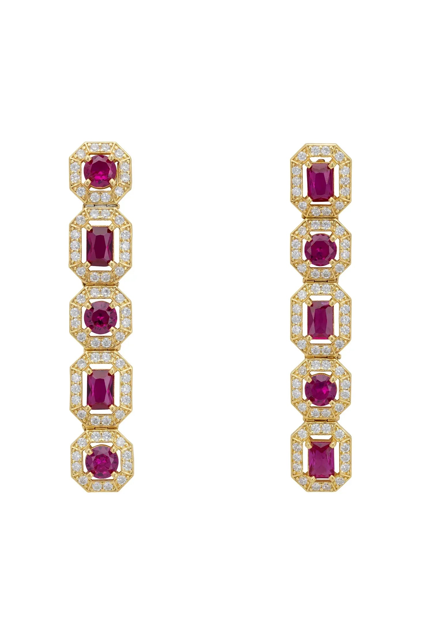 Gold and diamond halo ruby earrings.