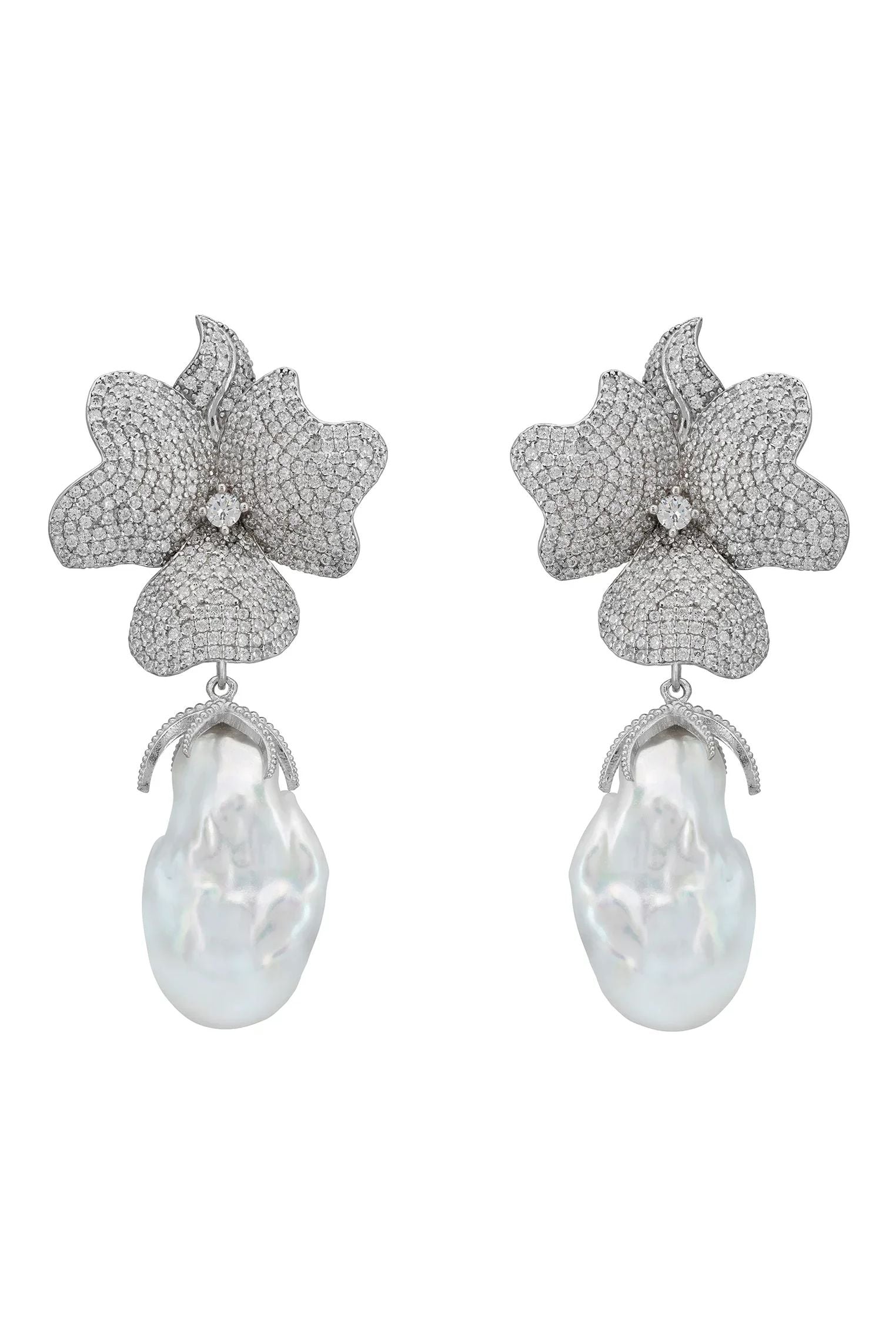 Large pearl and diamond flower earrings.