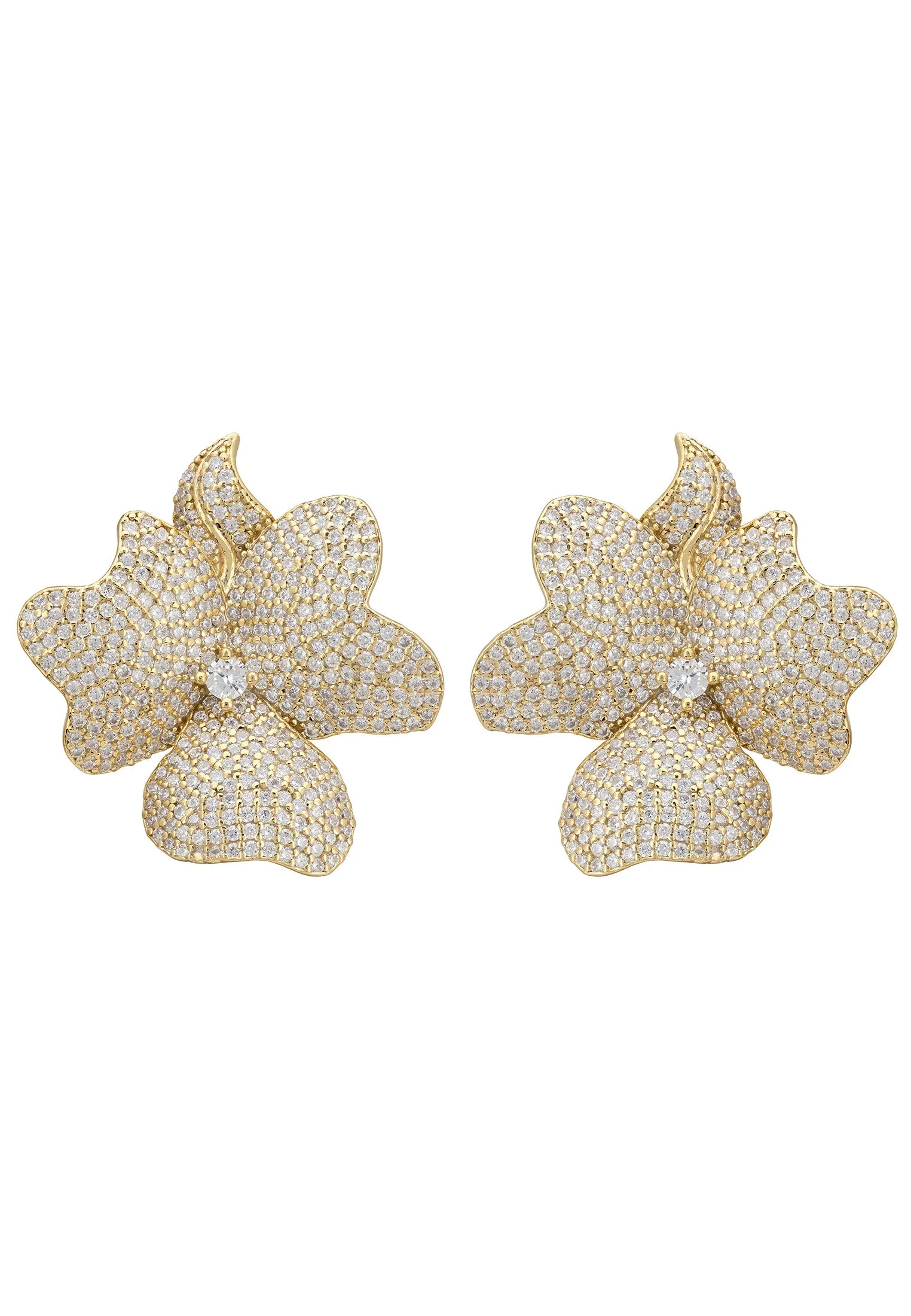 Diamond and gold flower large stud earrings.