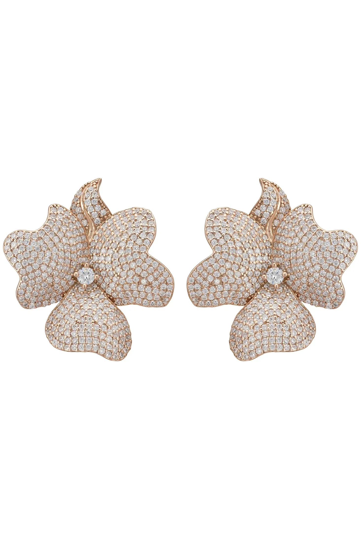 Diamond and rose gold flower large stud earrings.