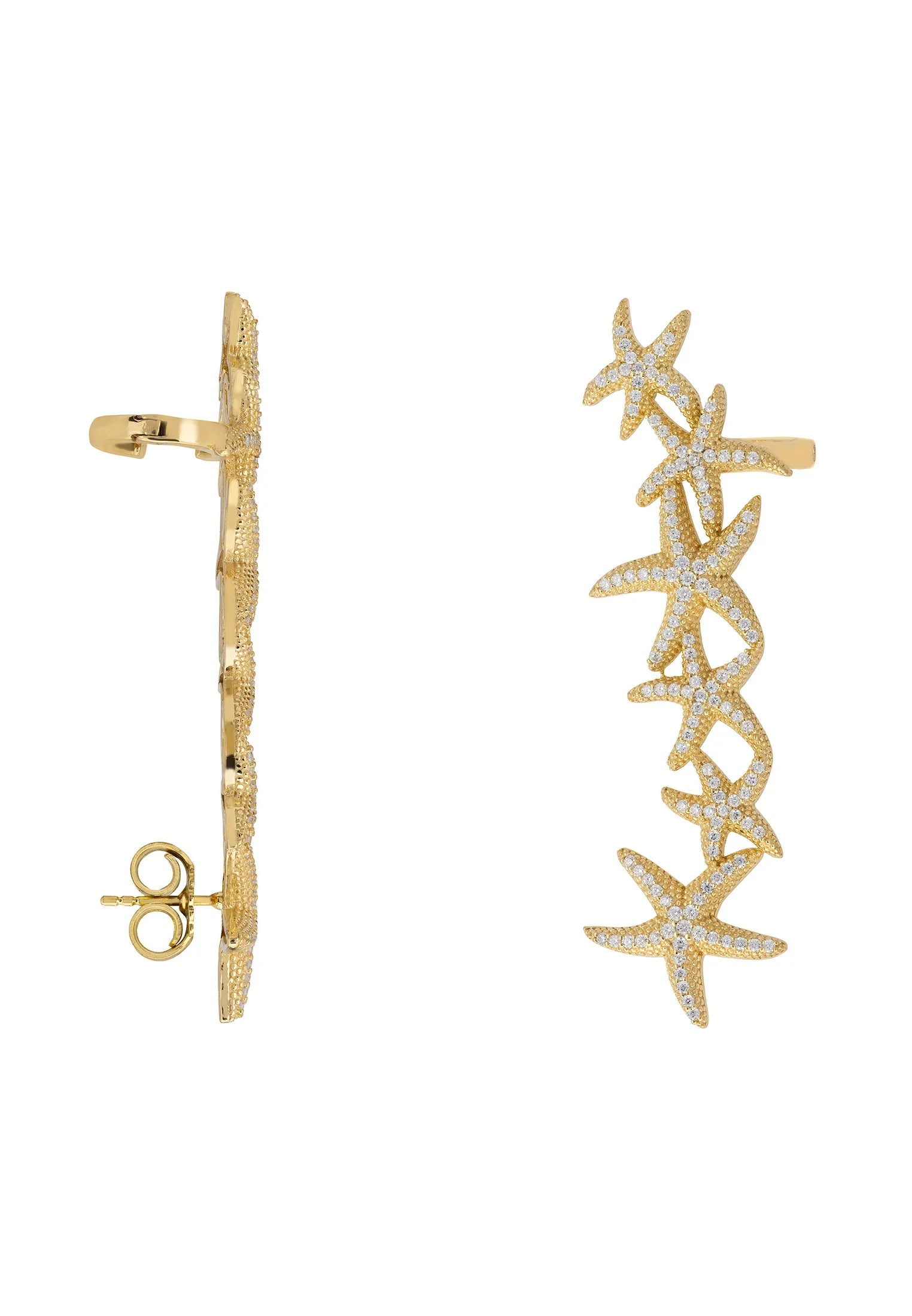 Gold starfish left ear climber, with a hinge and a push back.