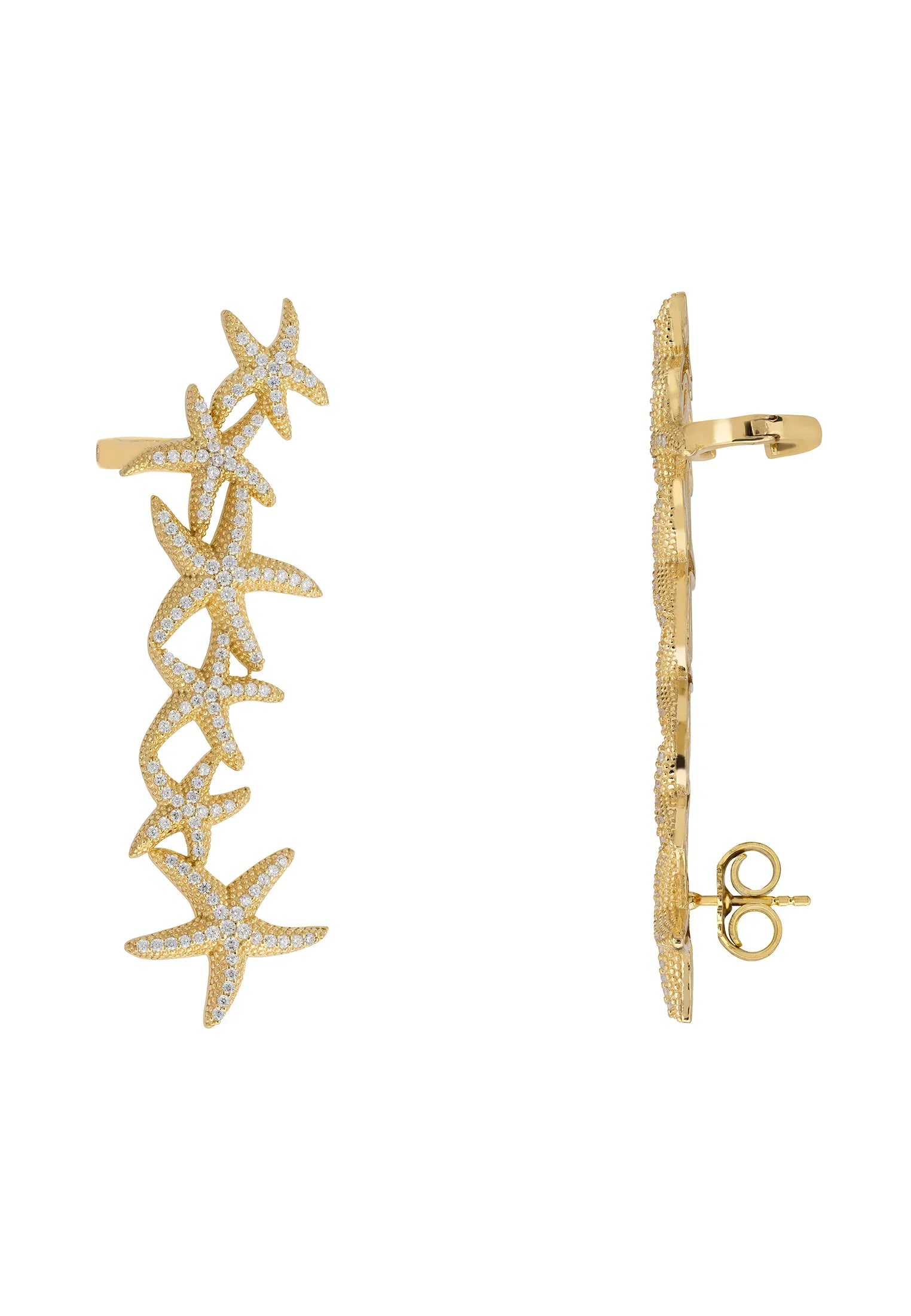Gold starfish right ear climber, with a hinge and a push back.