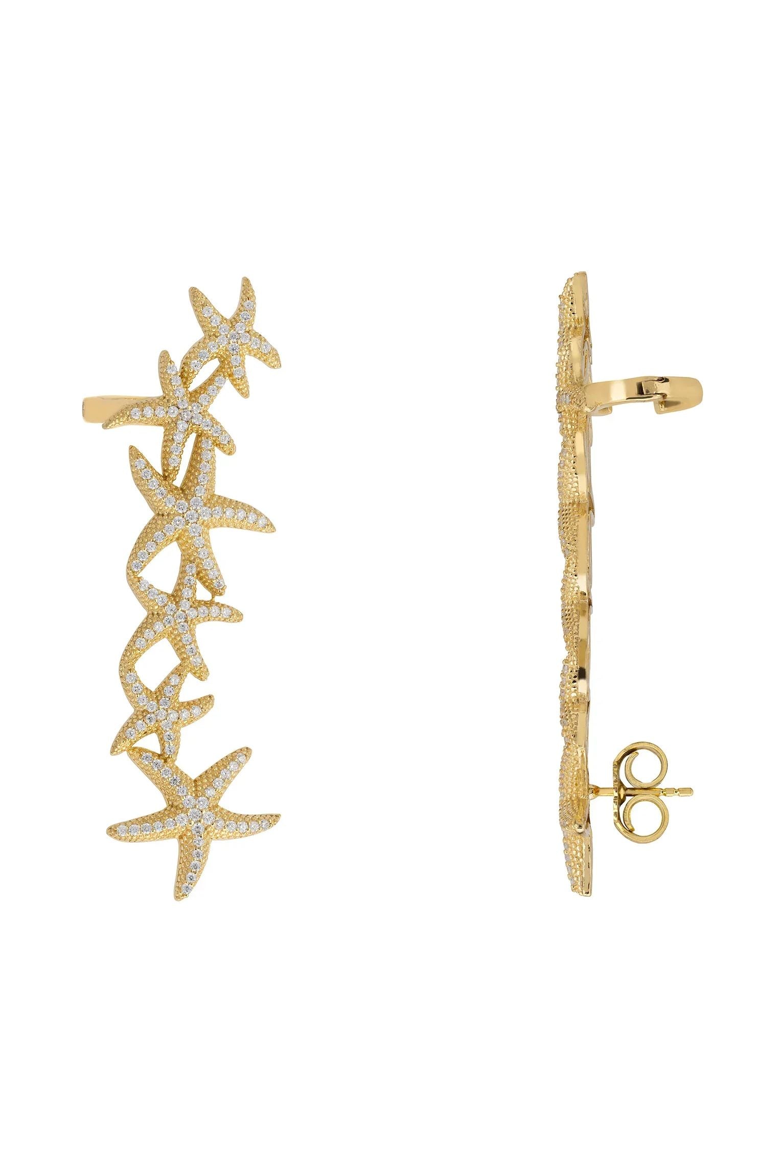 Gold starfish right ear climber, with a hinge and a push back.