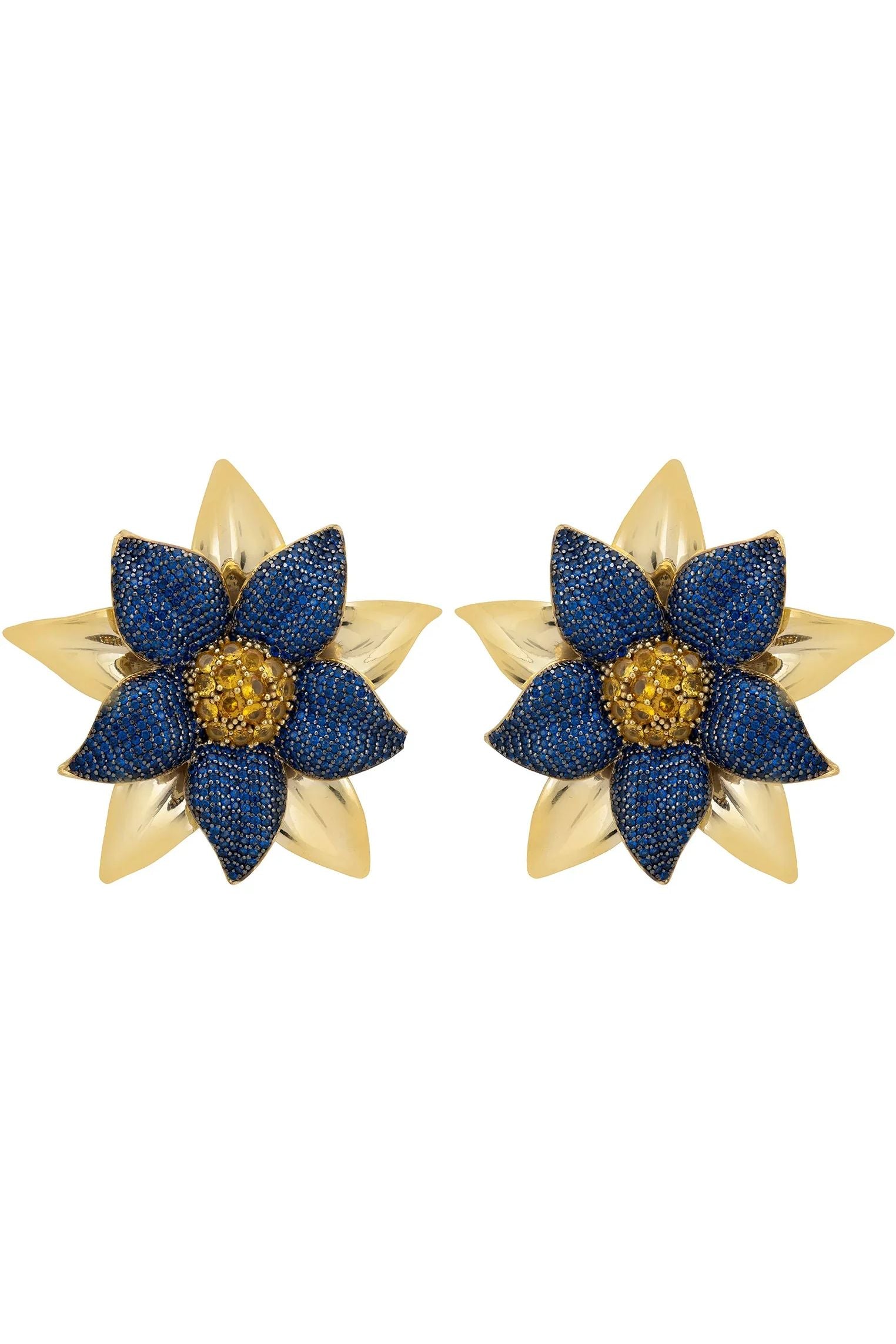 Gold and sapphire large flower earrings.