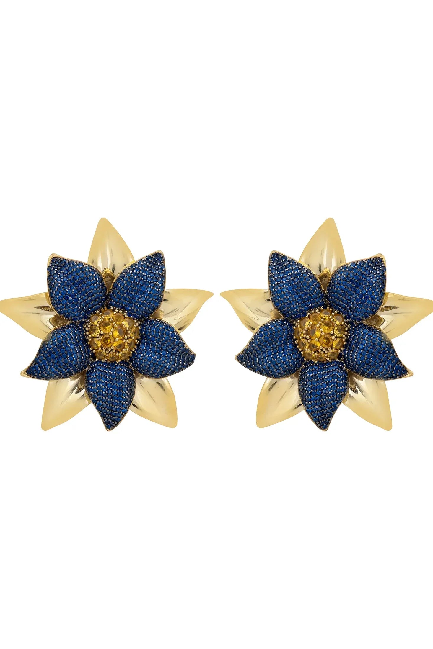 Gold and sapphire large flower earrings.