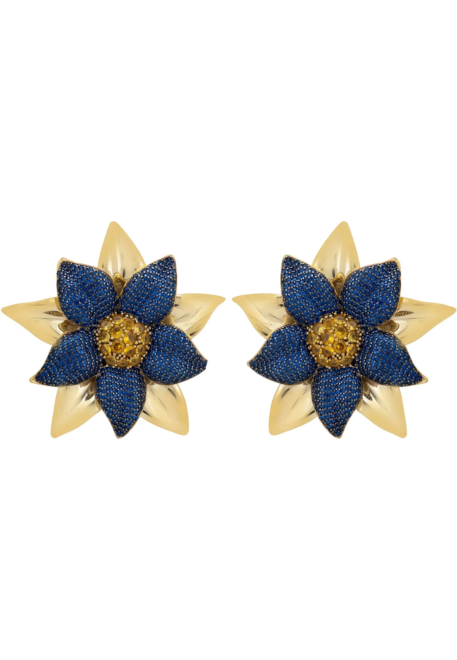 Gold and sapphire large flower earrings.