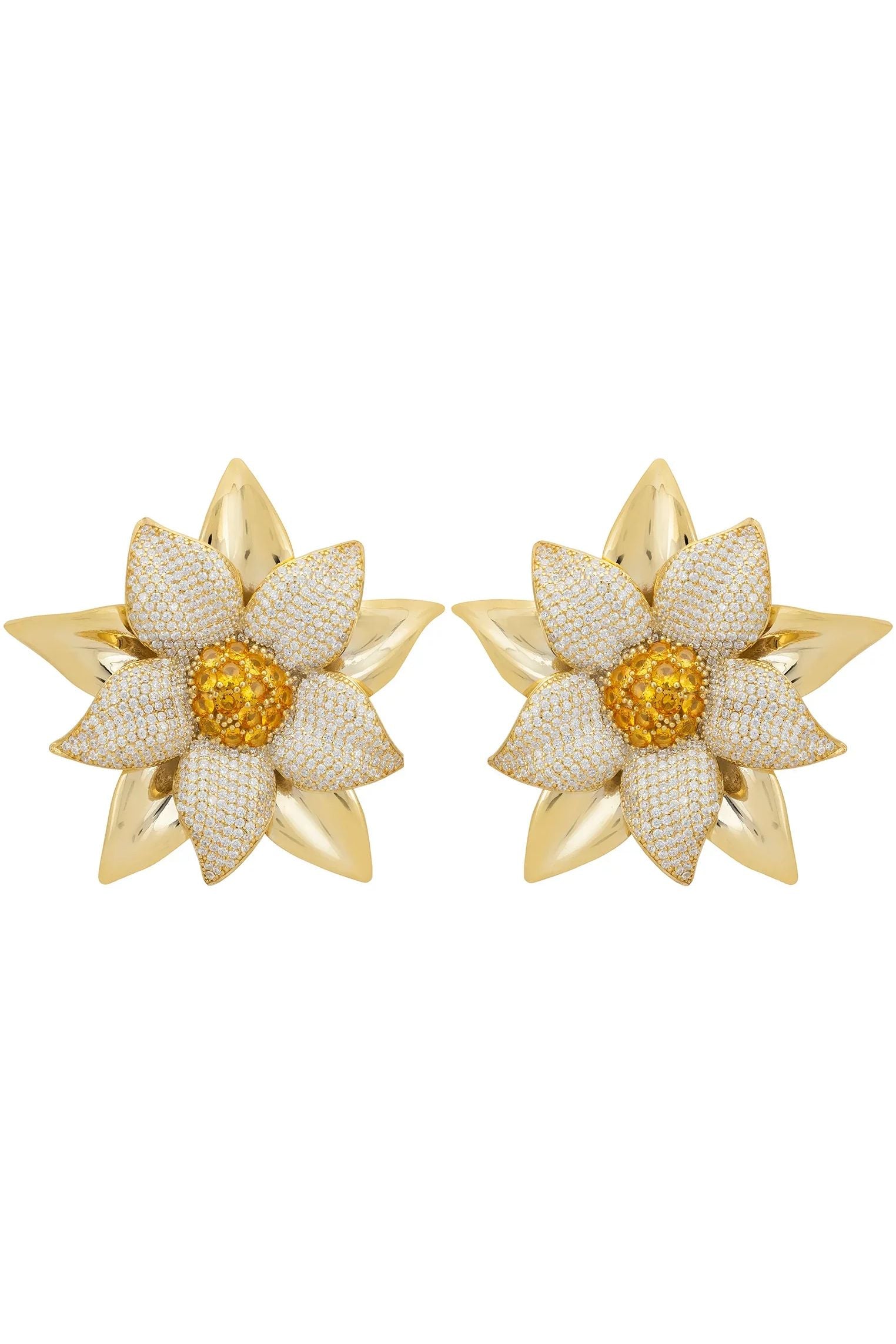 Gold large flower earrings.