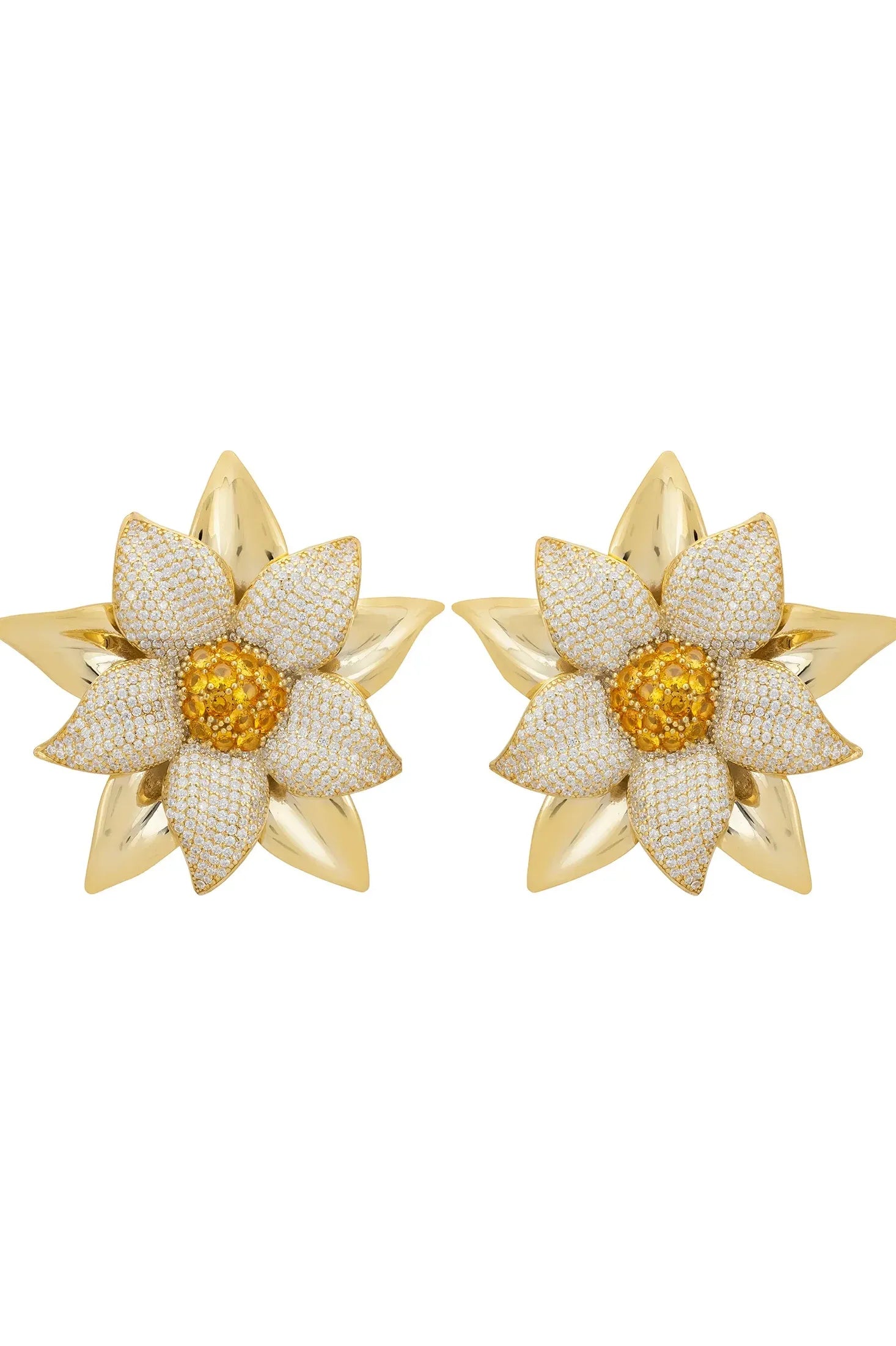 Gold large flower earrings.
