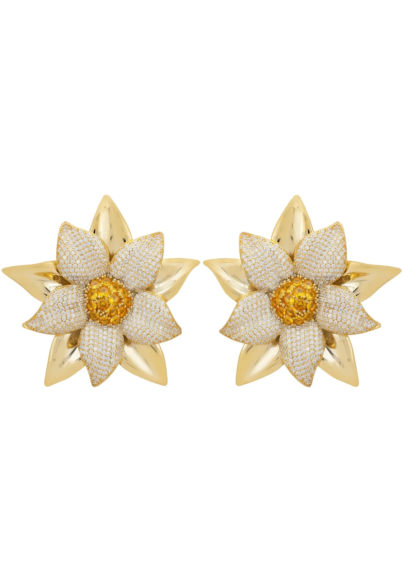 Gold large flower earrings.