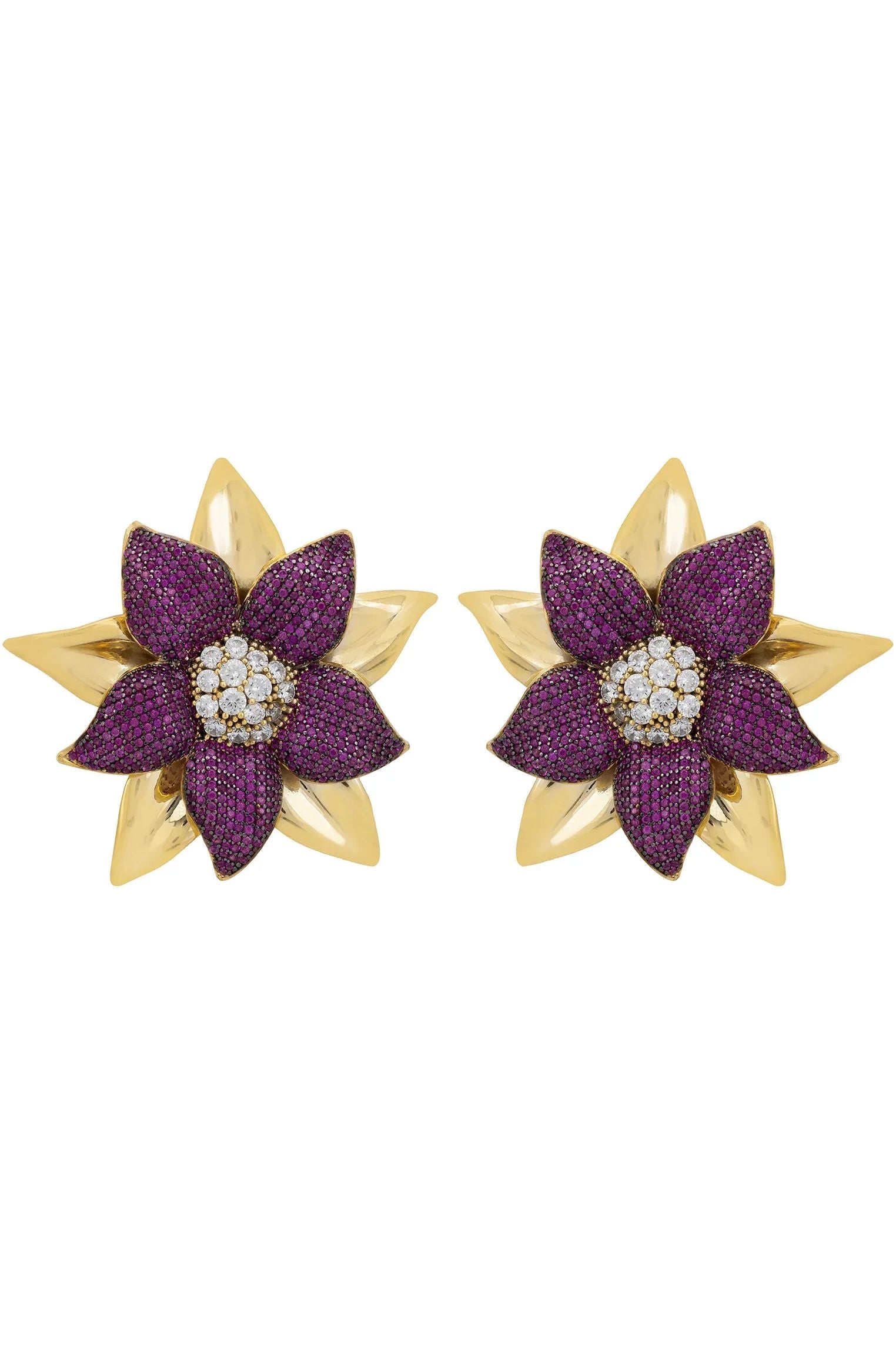 Gold and purple large flower earrings.