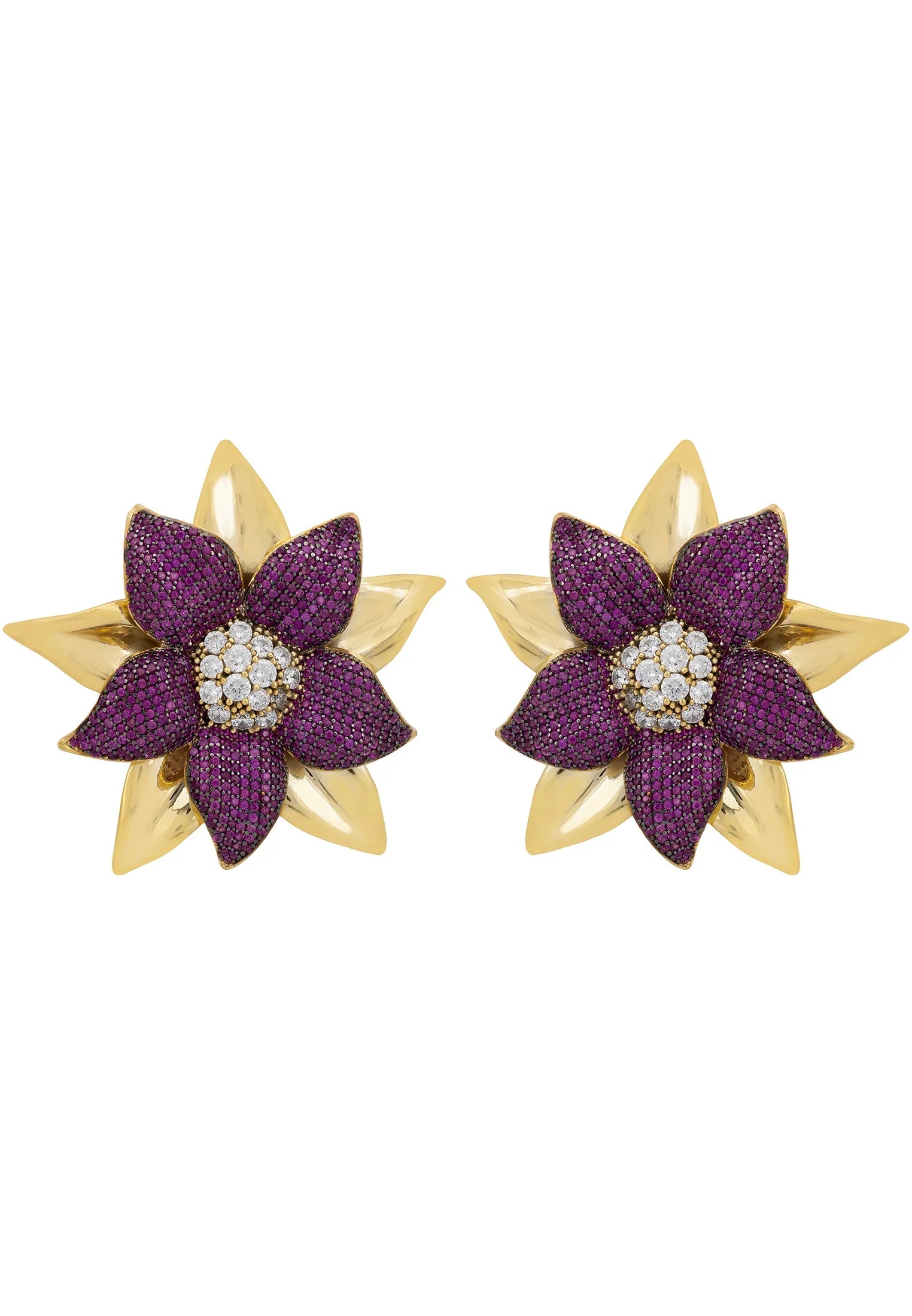 Gold and purple large flower earrings.
