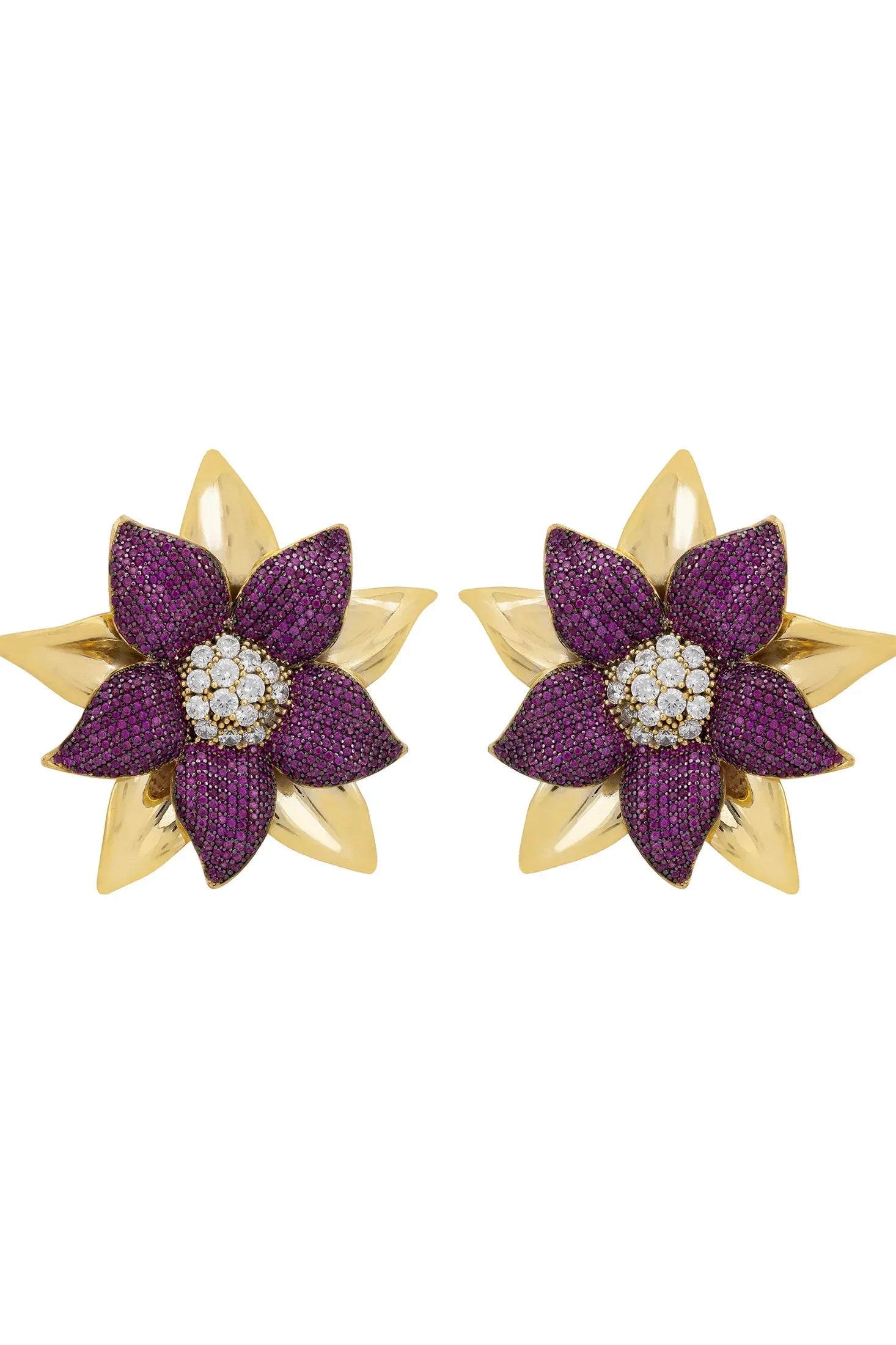 Gold and purple large flower earrings.