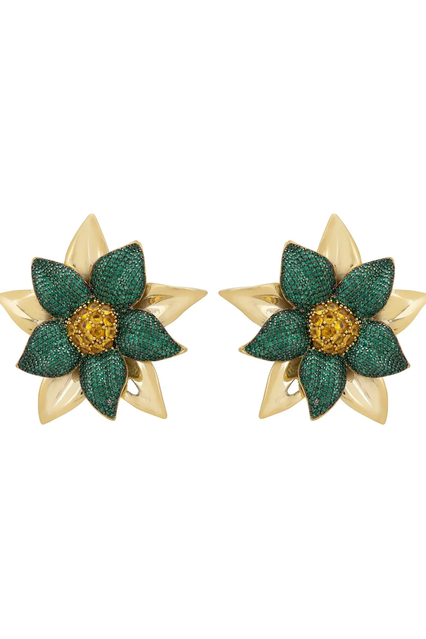 Gold and emerald large flower earrings.