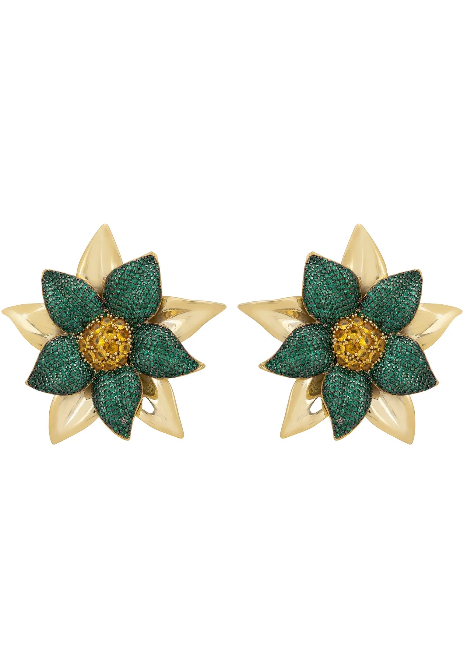 Gold and emerald large flower earrings.