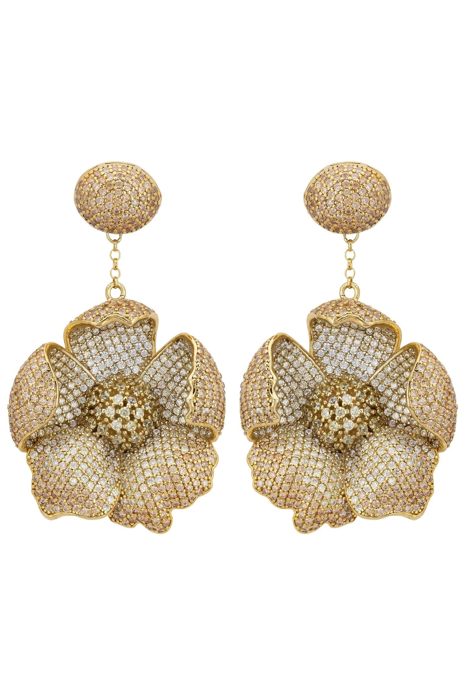 Gold poppy drop earrings.