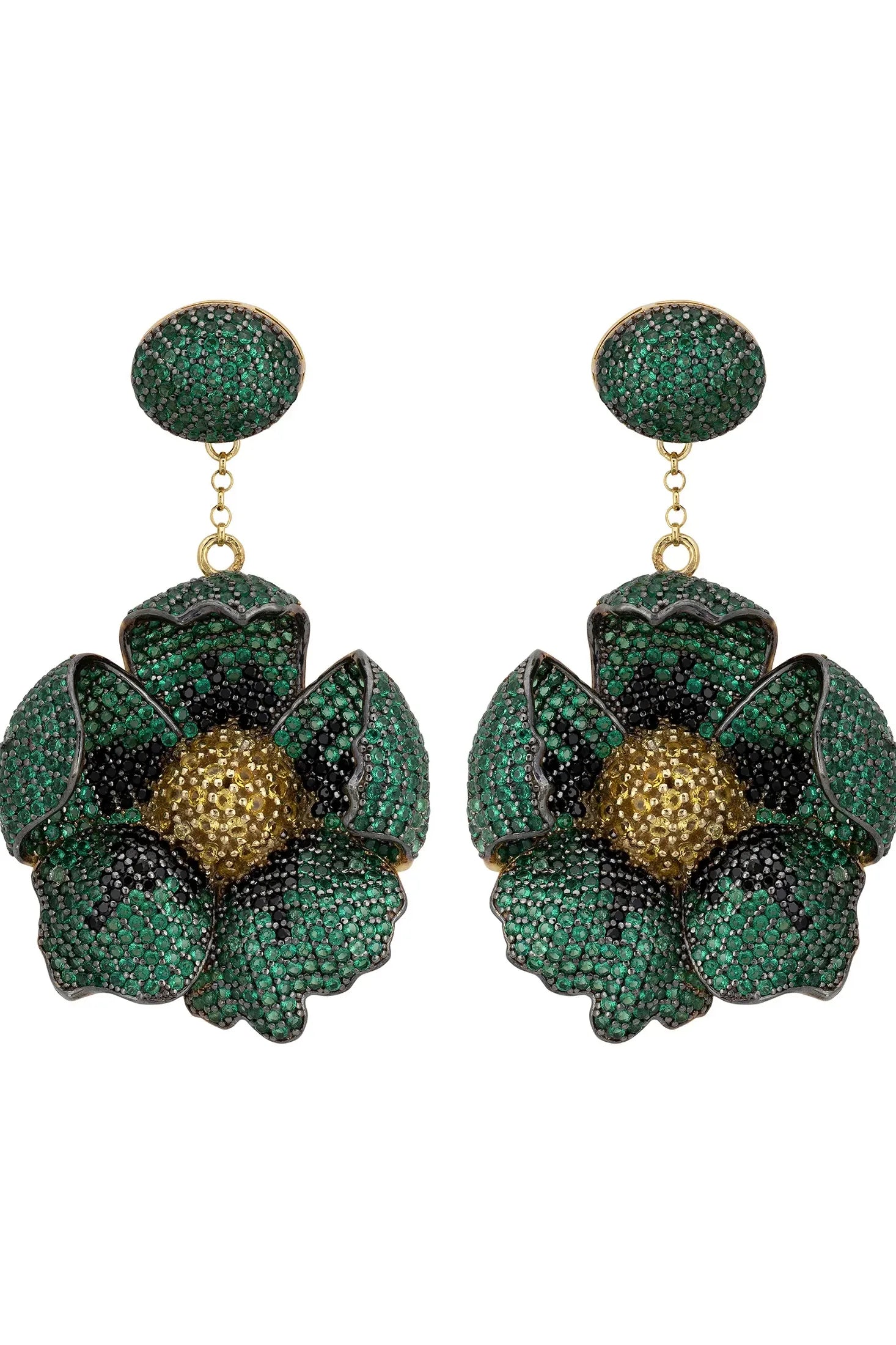 Green poppy drop earrings.