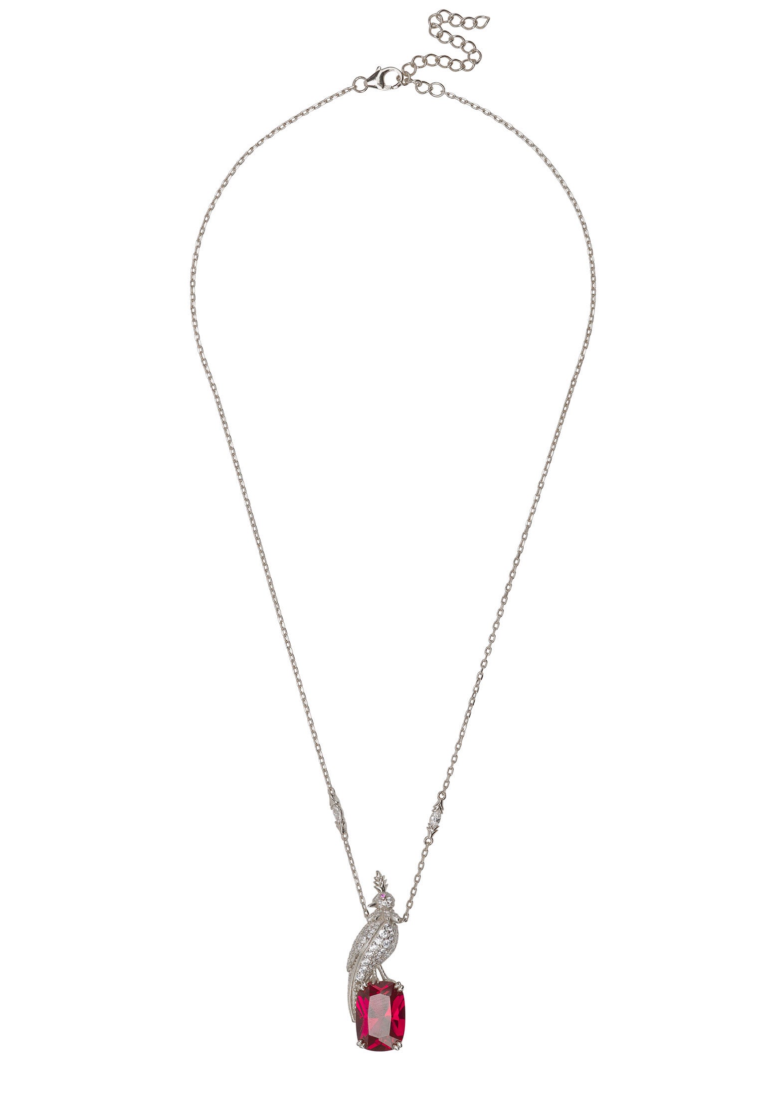 Crested Love Bird Pendant Necklace Ruby Silver