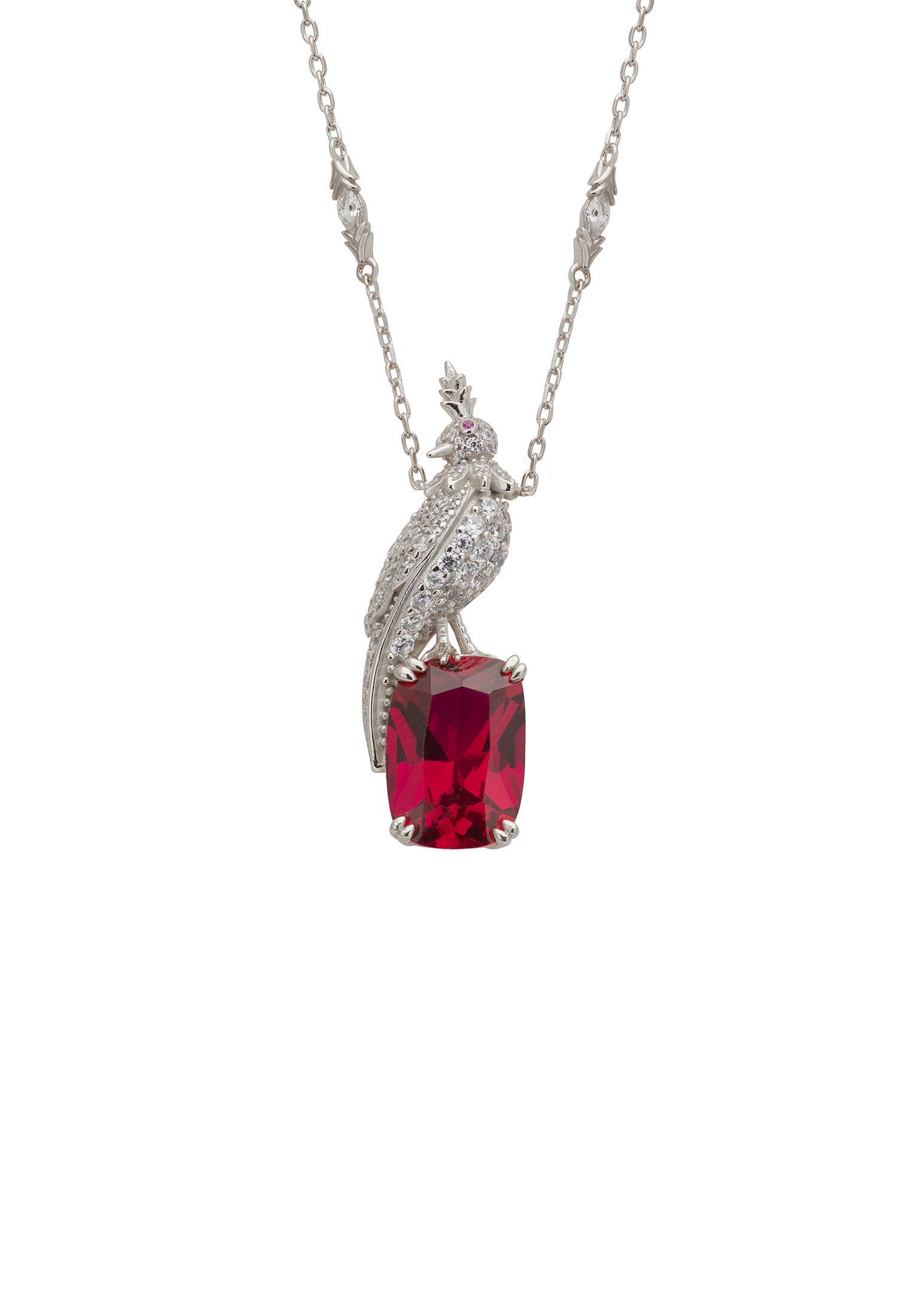 Crested Love Bird Pendant Necklace Ruby Silver