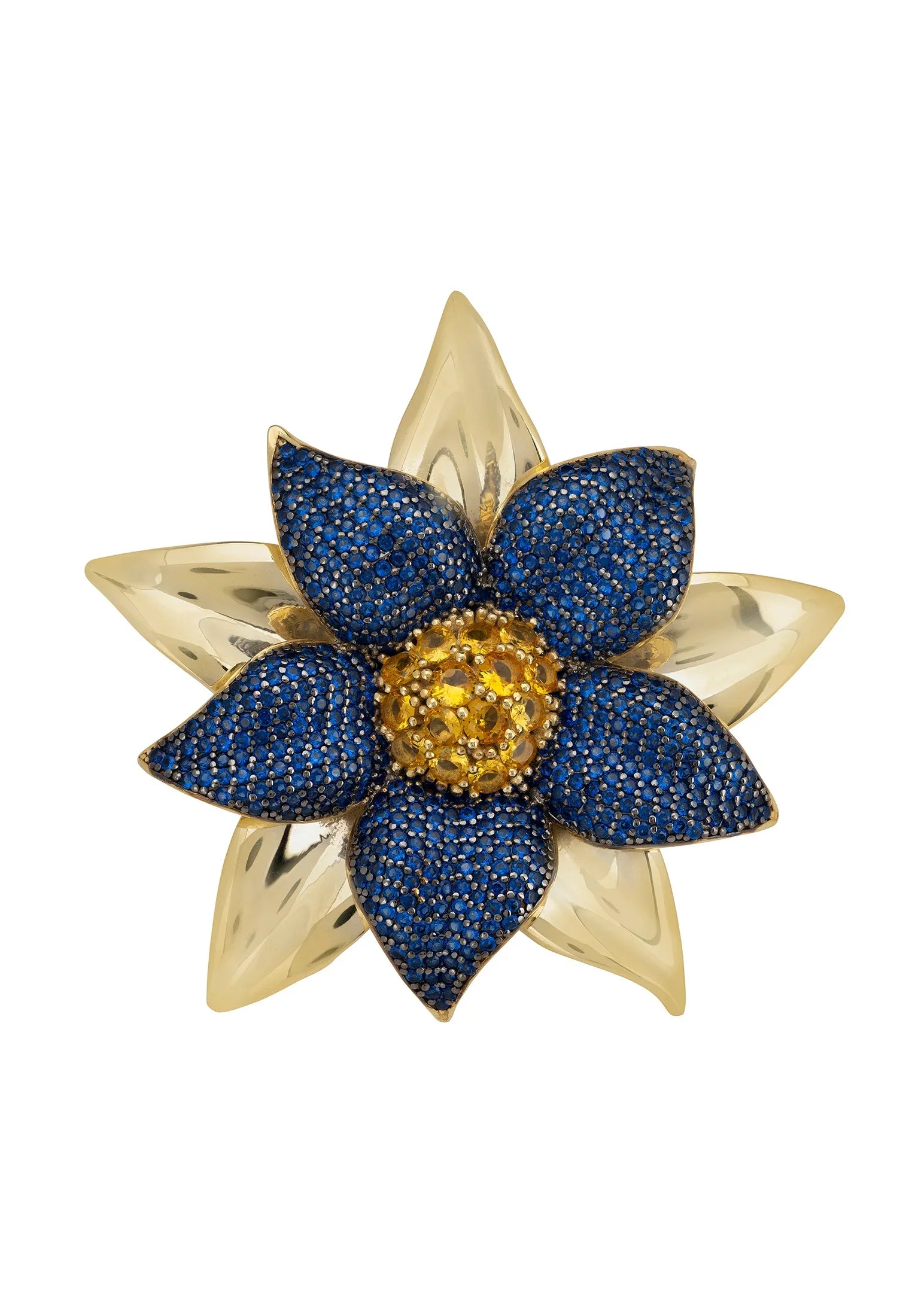 Gold and sapphire large flower ring.