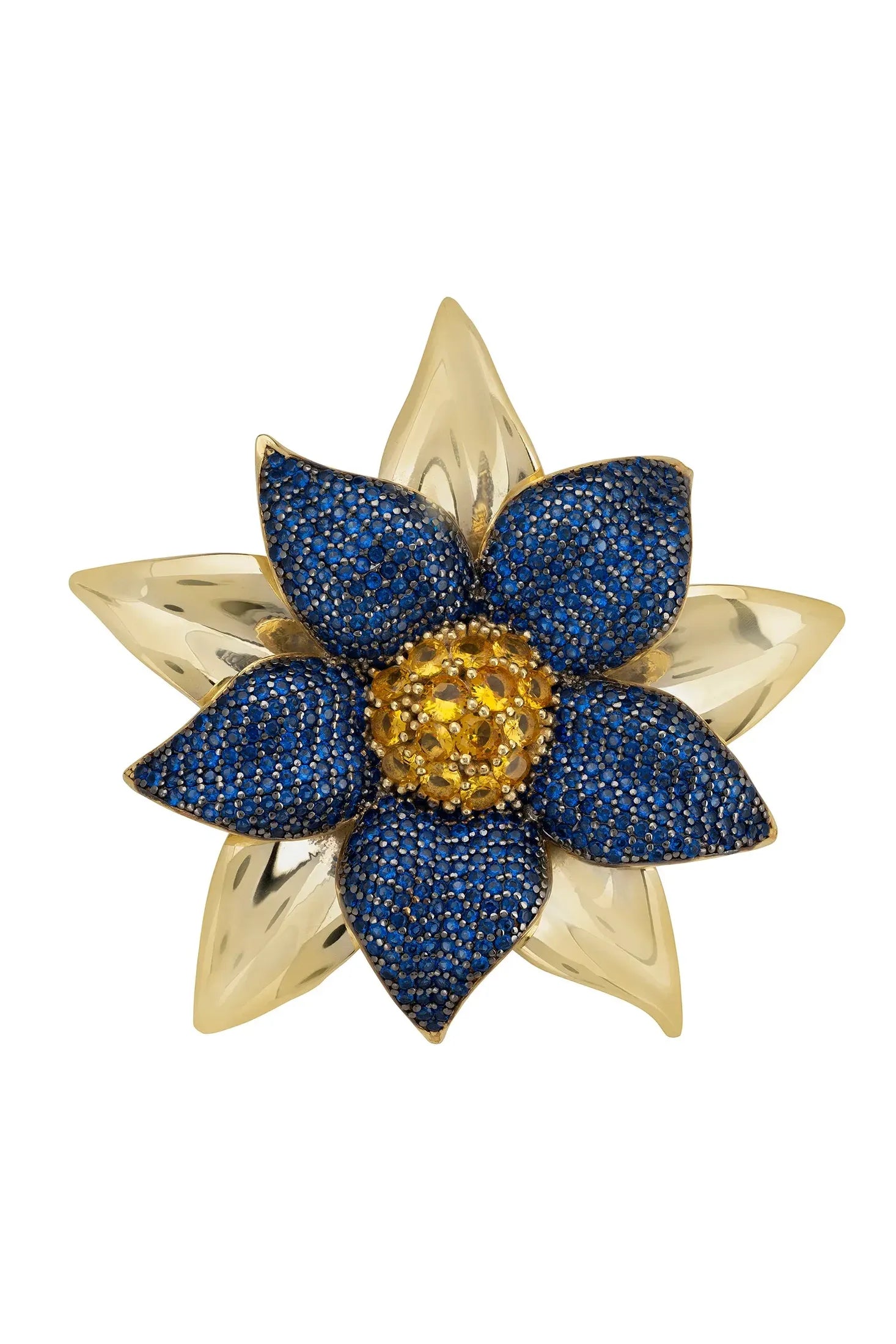 Gold and sapphire large flower ring.