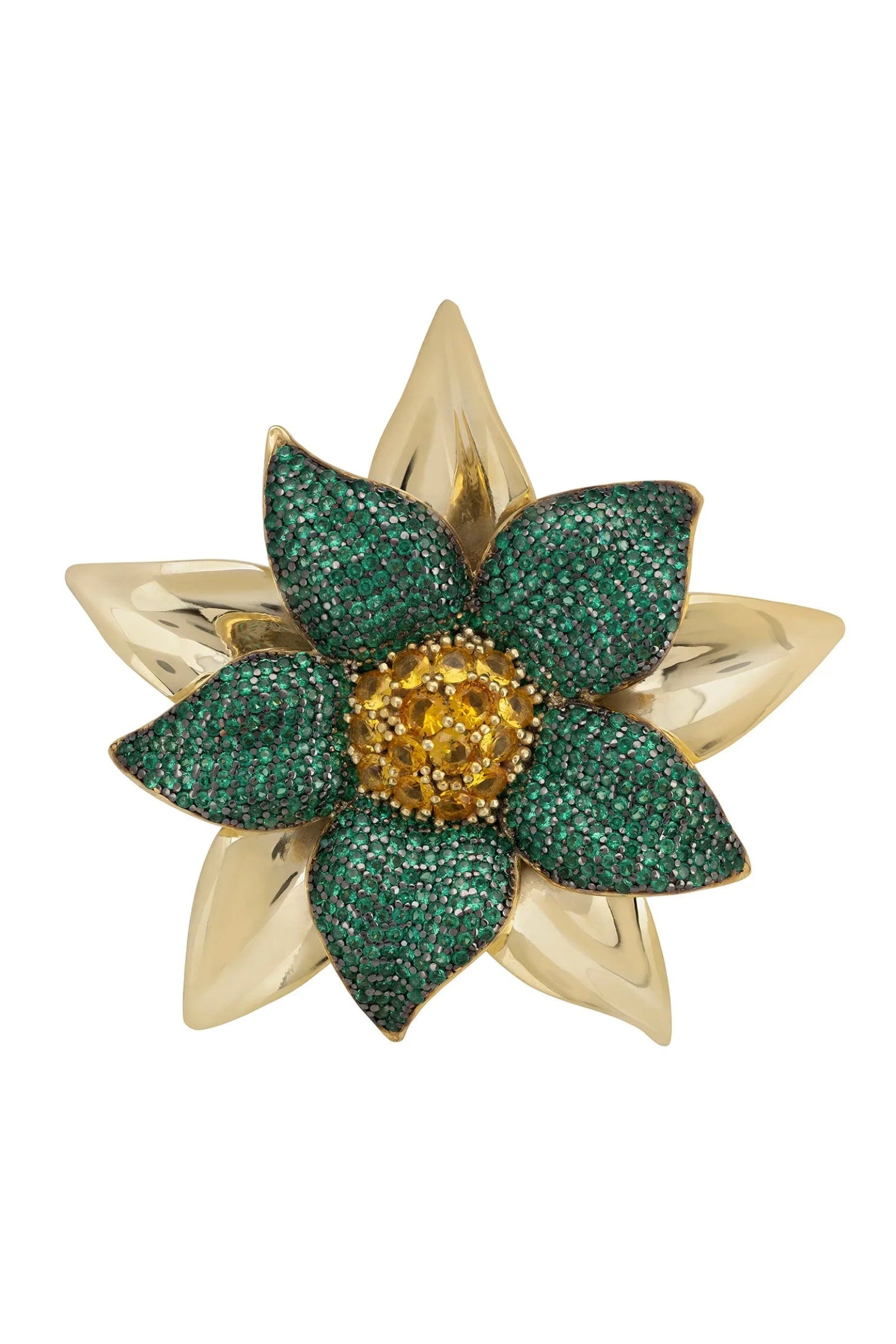 Gold and emerald large flower ring.