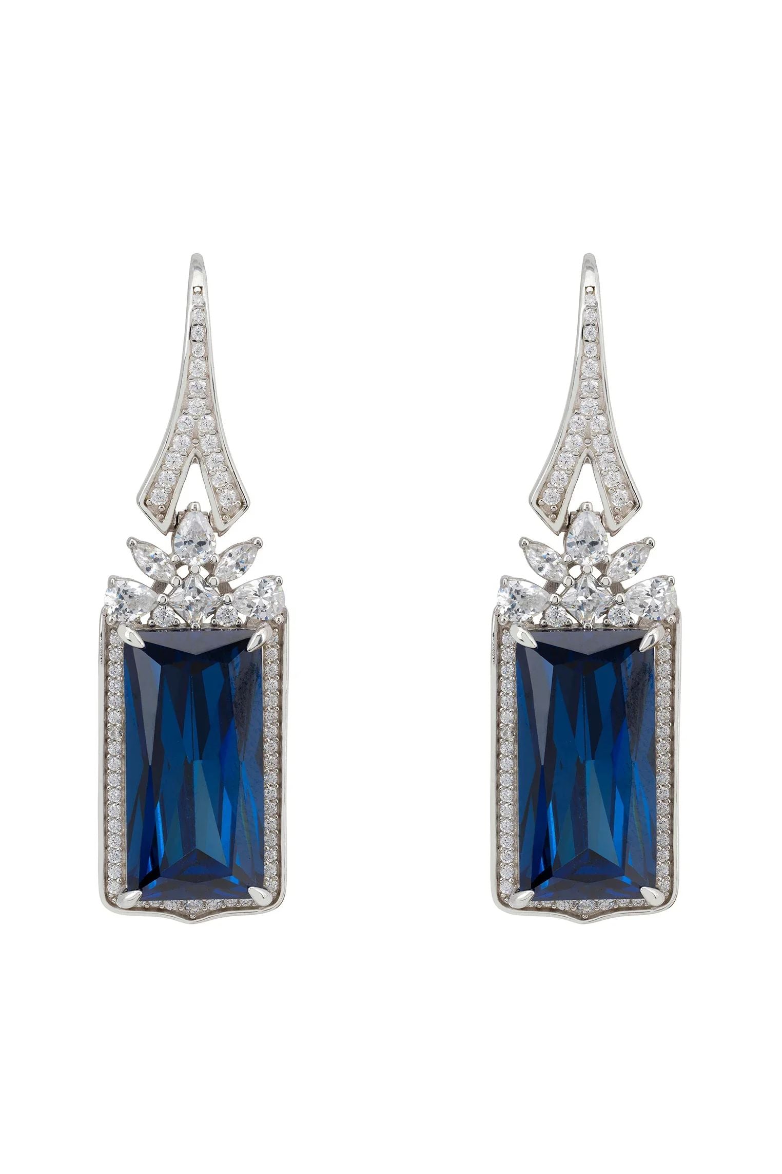 Diamond and rectangle sapphire drop earrings.
