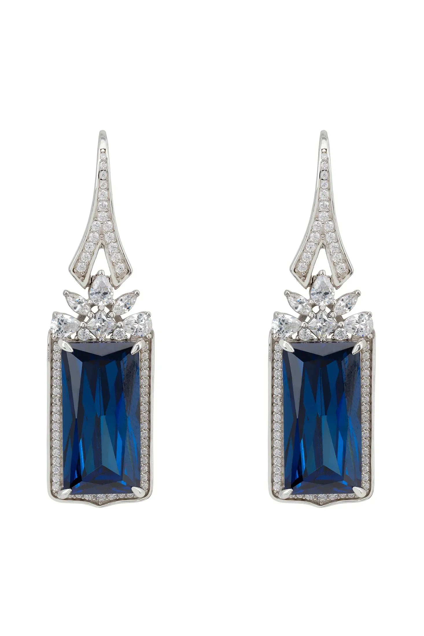 Diamond and rectangle sapphire drop earrings.