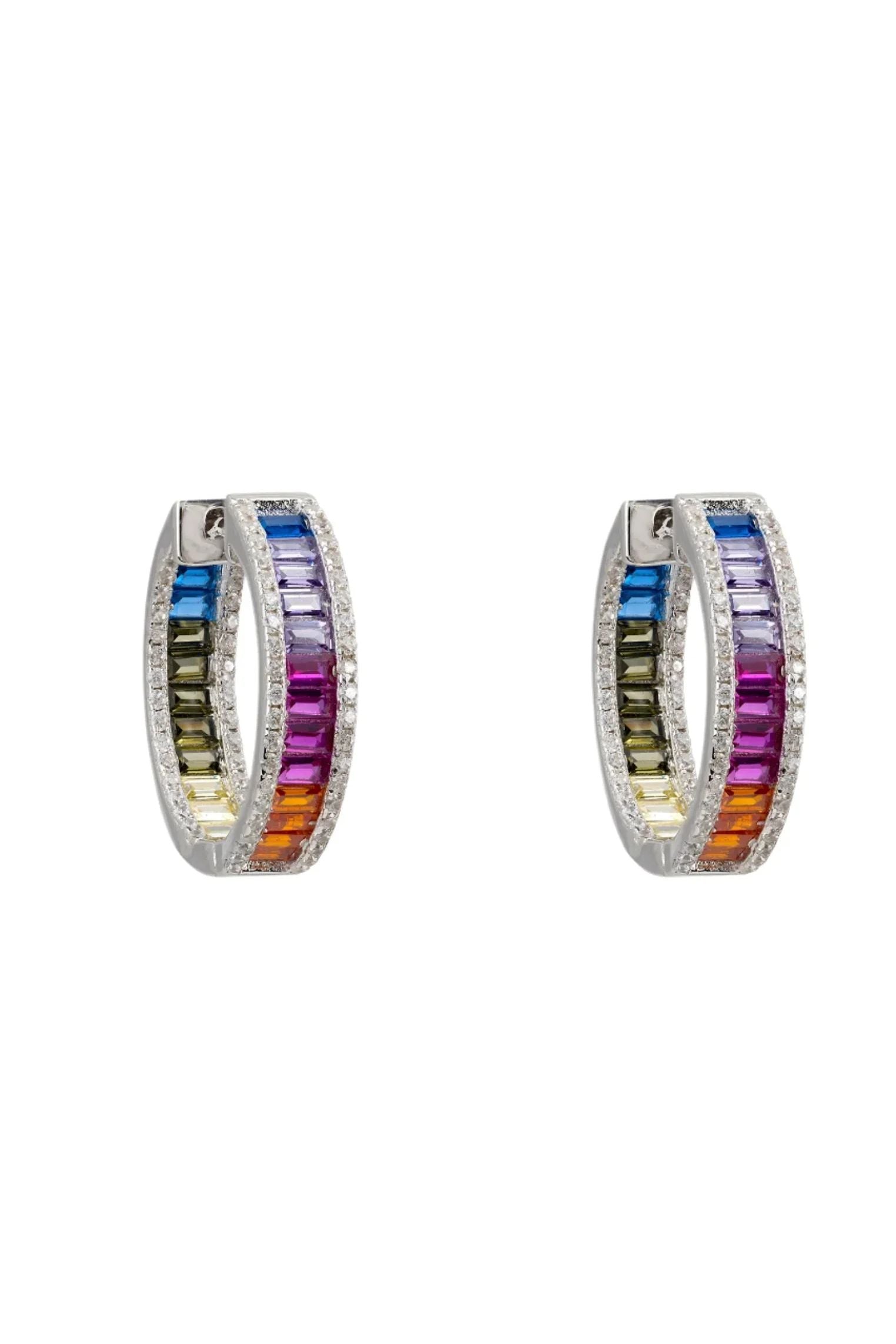 Rainbow gemstone silver hoop earrings.