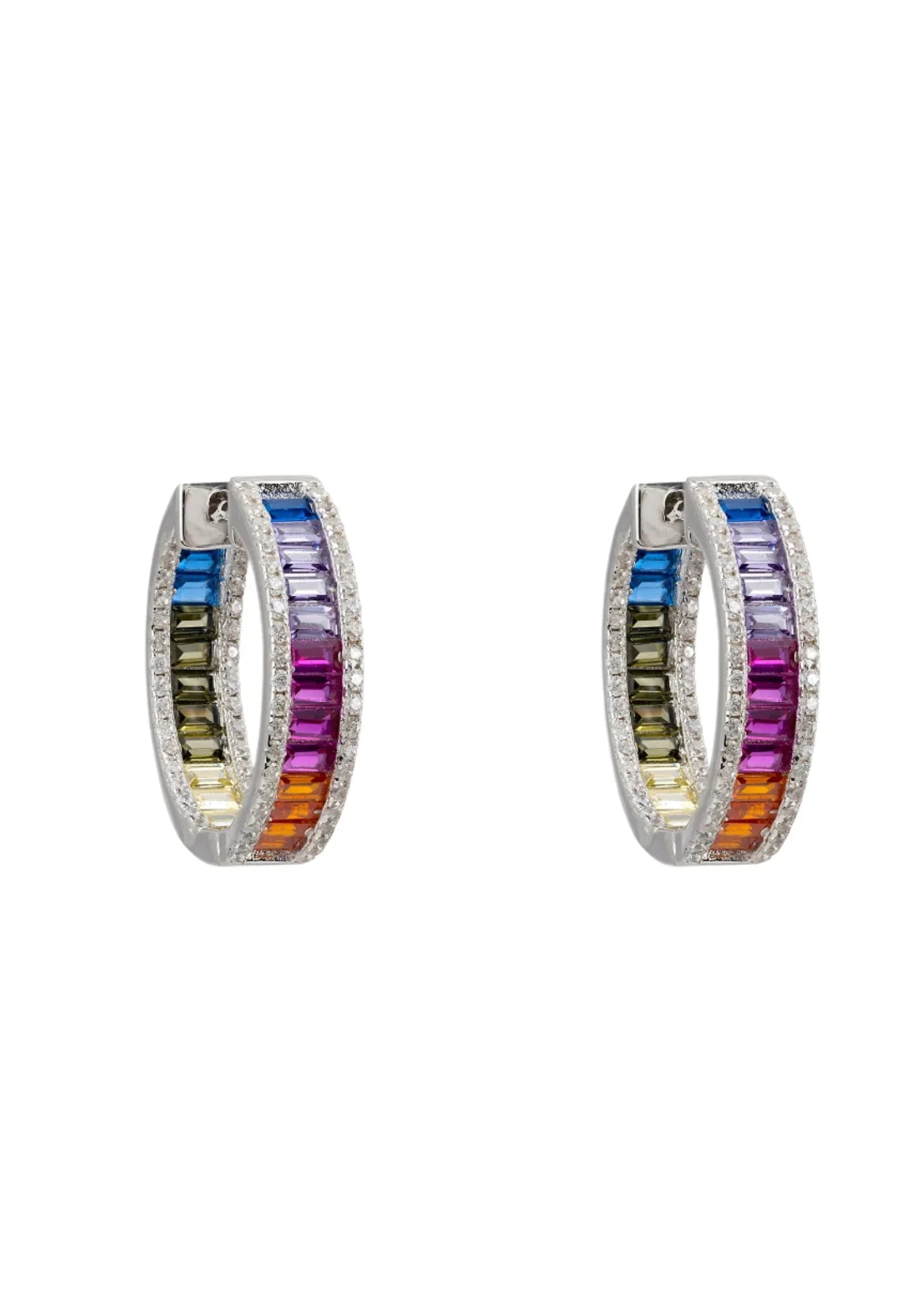 Rainbow gemstone silver hoop earrings.