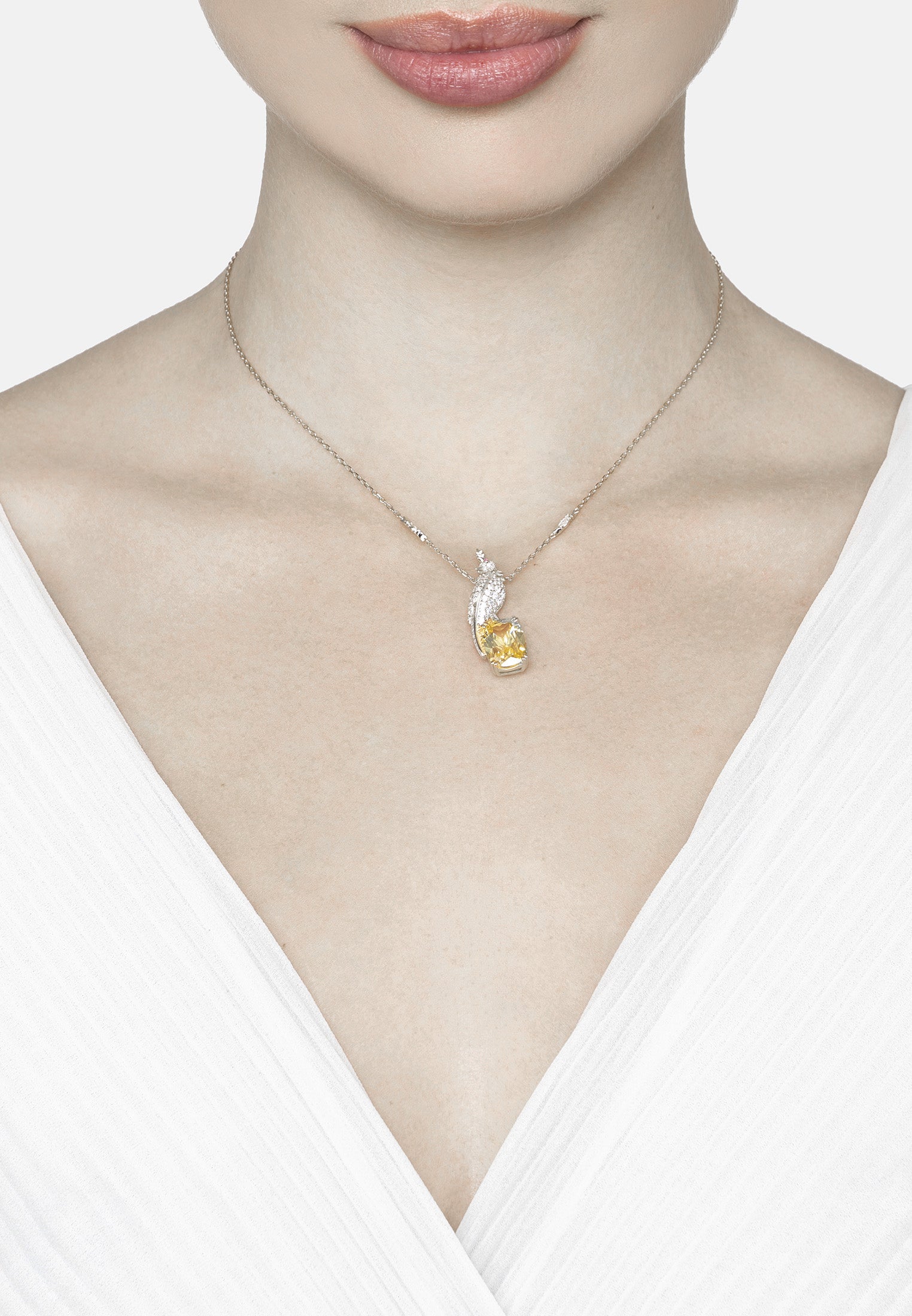 Crested Love Bird Pendant Necklace Yellow Topaz Silver