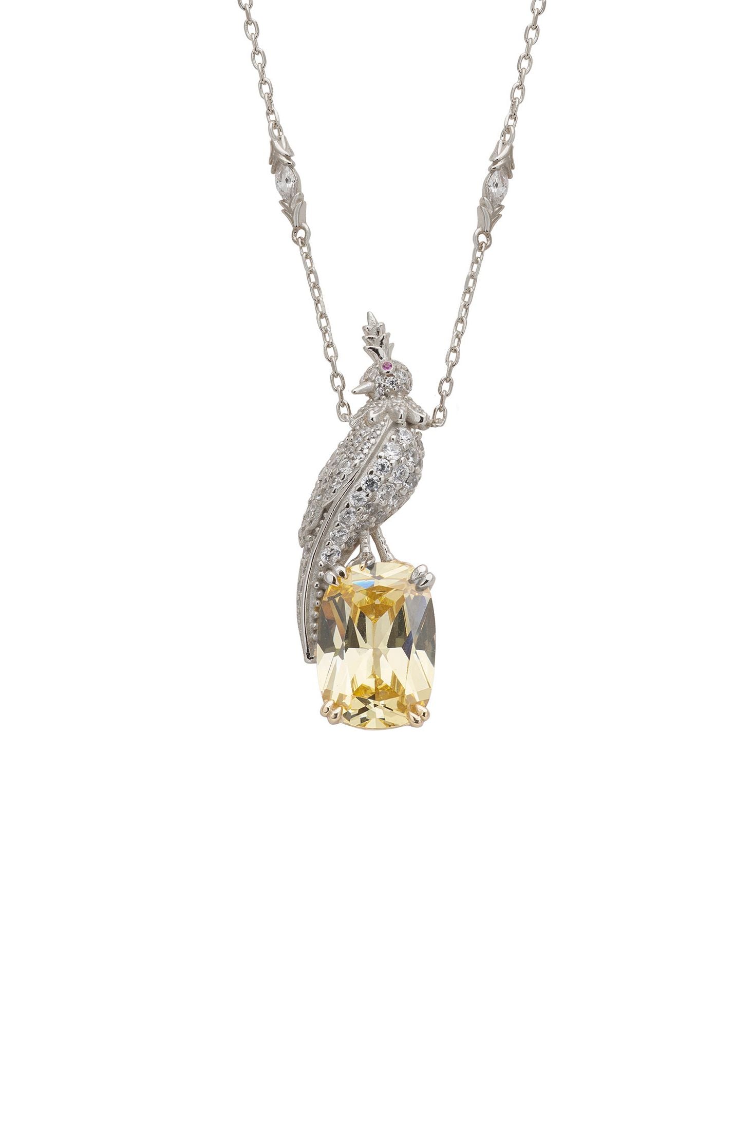 Front view of Crested Love Bird Pendant Necklace Yellow Topaz Silver, showing cat design, zirconia detailing, gold finish.