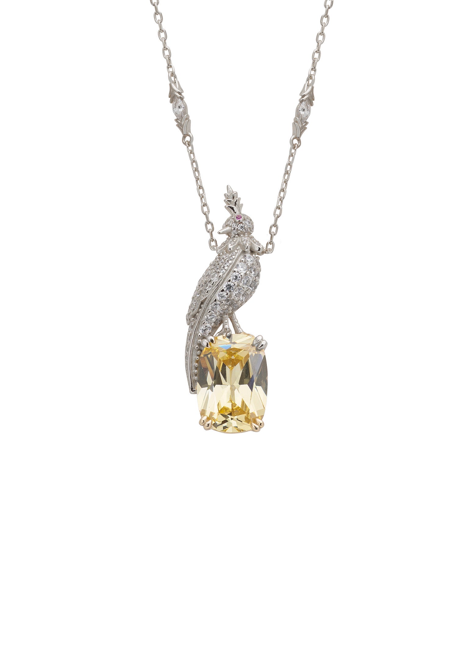 Crested Love Bird Pendant Necklace Yellow Topaz Silver