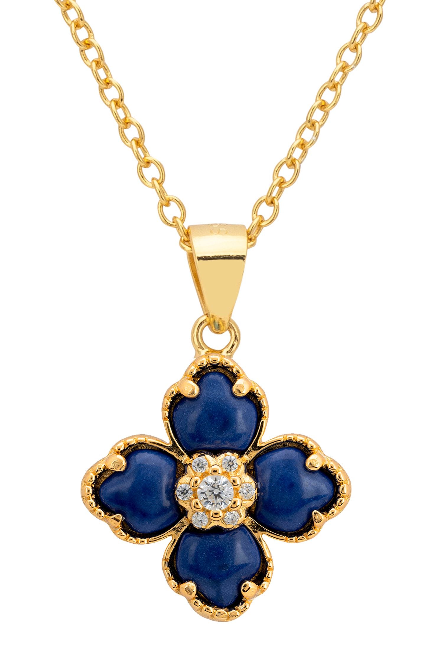 Front view of Flower Clover Lapis Lazuli Pendant Necklace Gold, showing flower design, cubic zirconia and zirconia detailing, gold finish.
