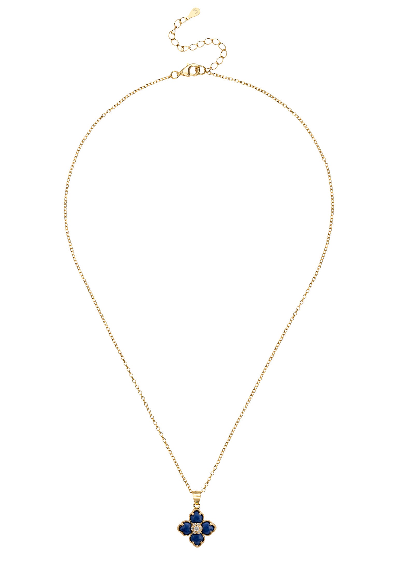 Flower Clover Lapis Lazuli Pendant Necklace Gold