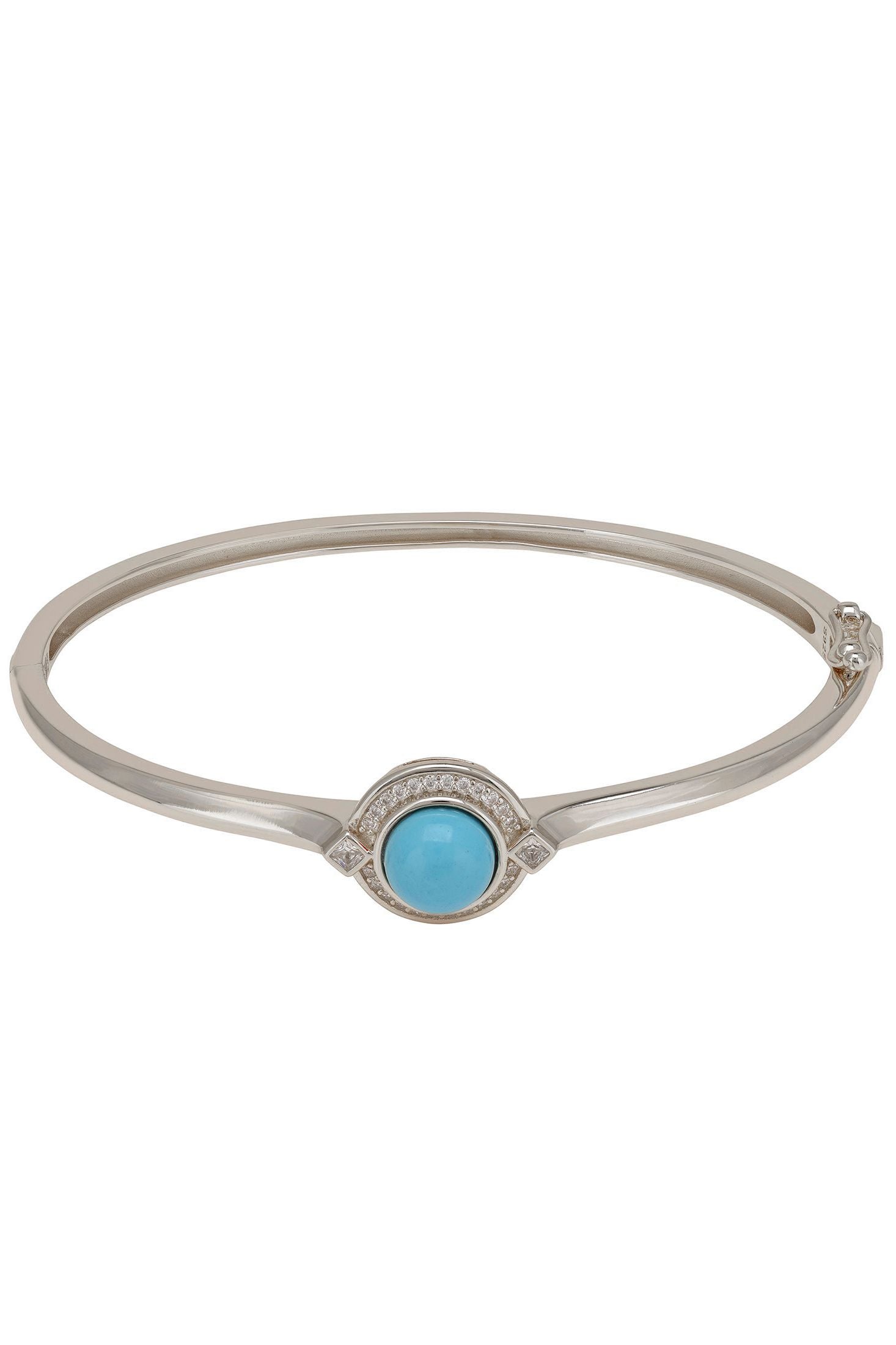 Silver bracelet with a blue gemstone on a white background