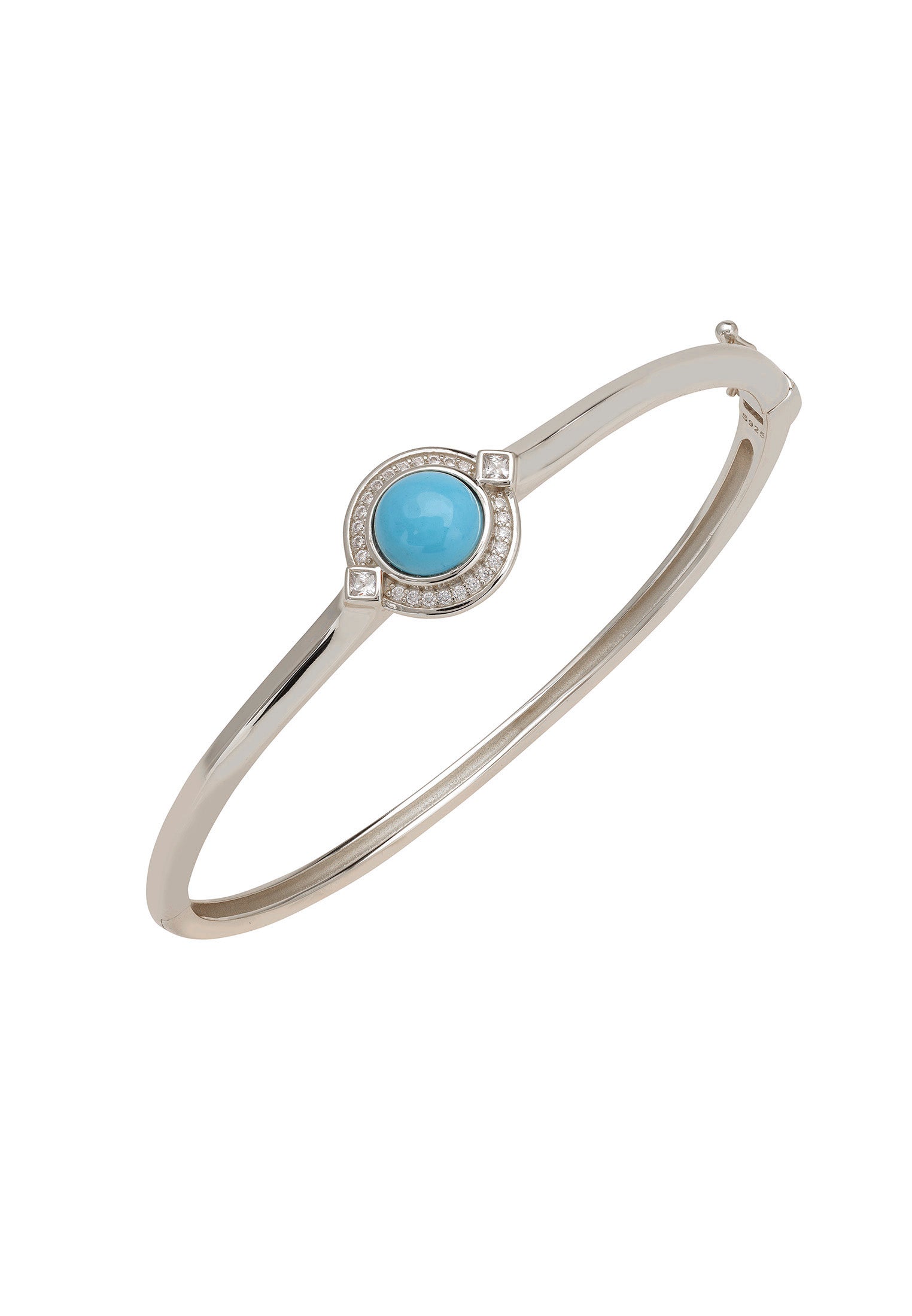 Silver bracelet with a blue gemstone on a white background