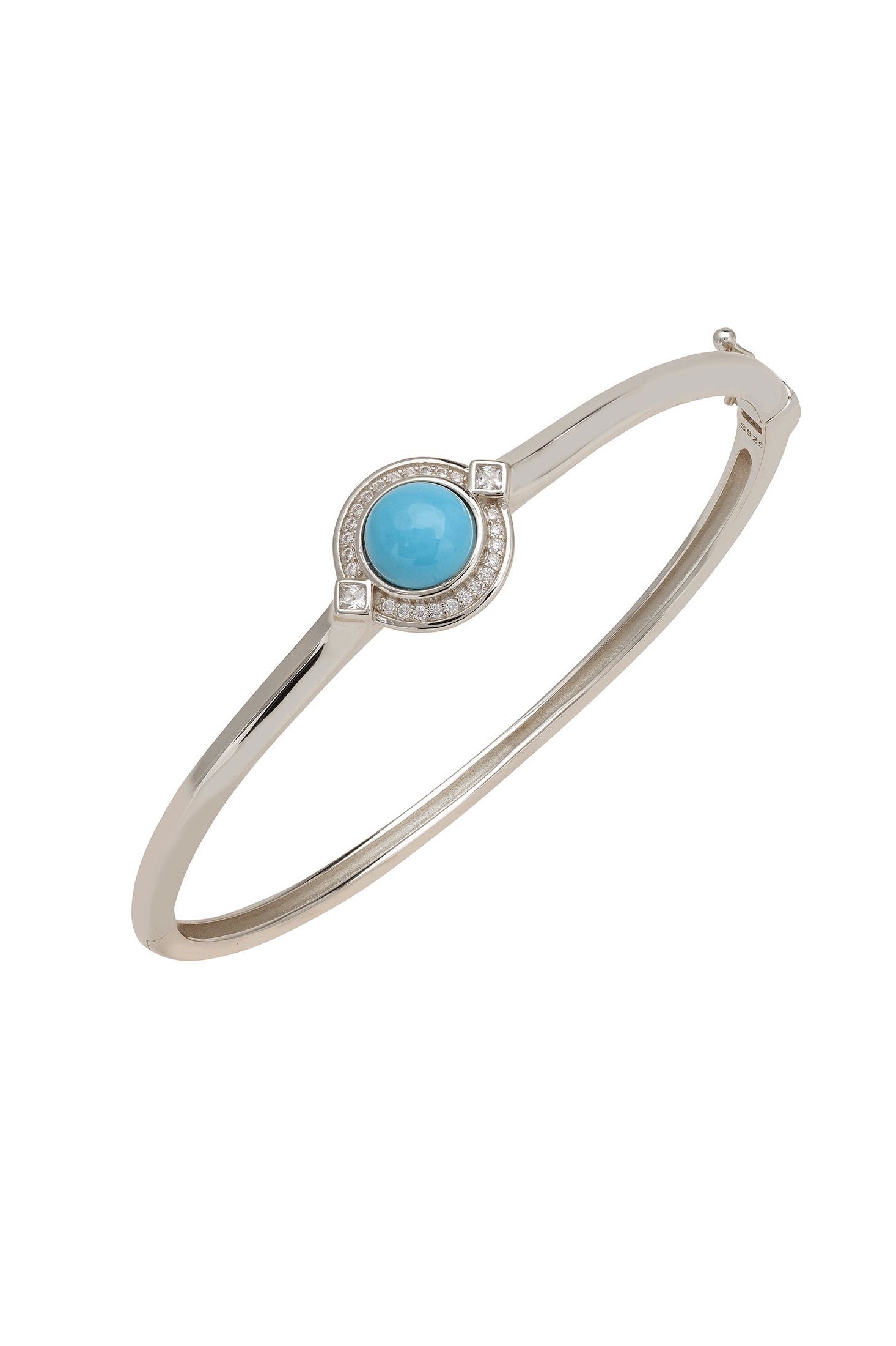 Silver bracelet with a blue gemstone on a white background