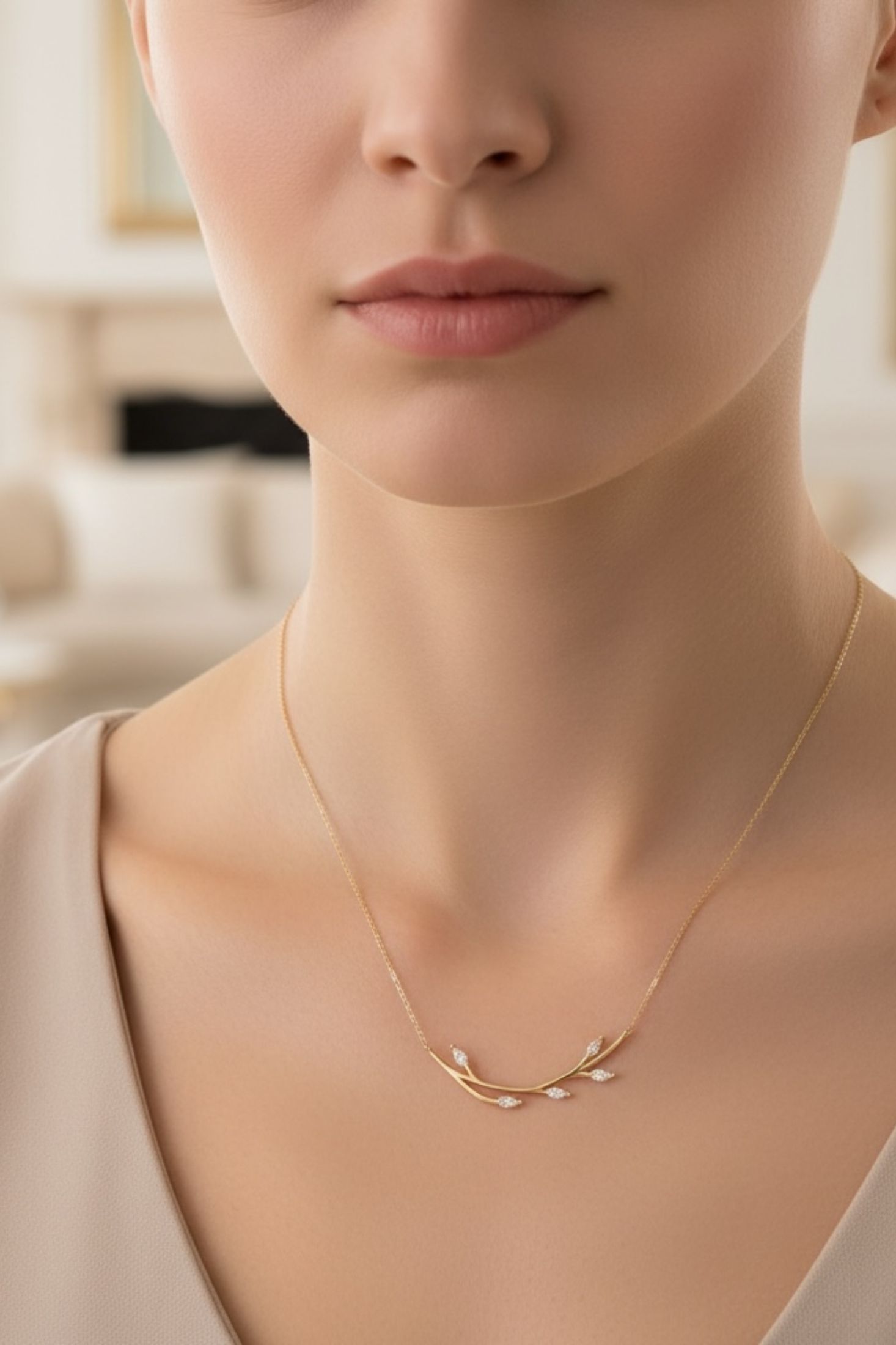 Close-up of a person wearing a delicate gold necklace with a blurred background