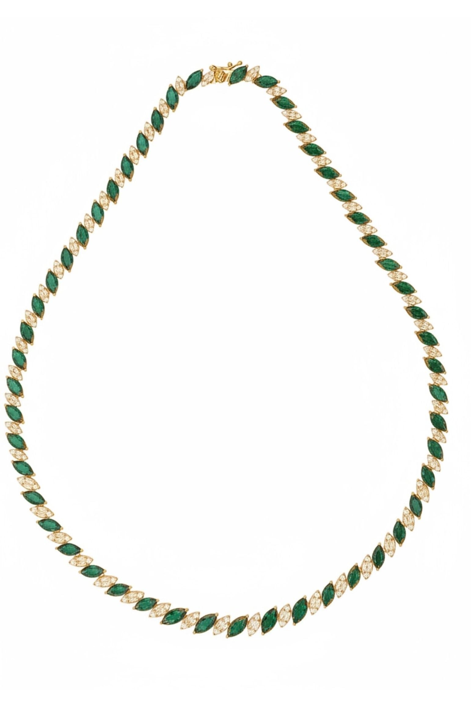 Necklace with green gemstones on a white background